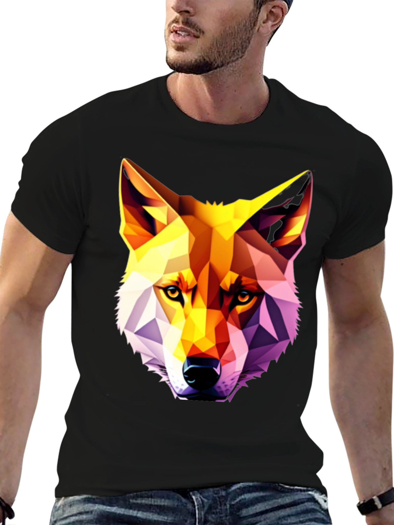 Black Geometric Wolf Graphic Tee - Modern Art Shirt view 6