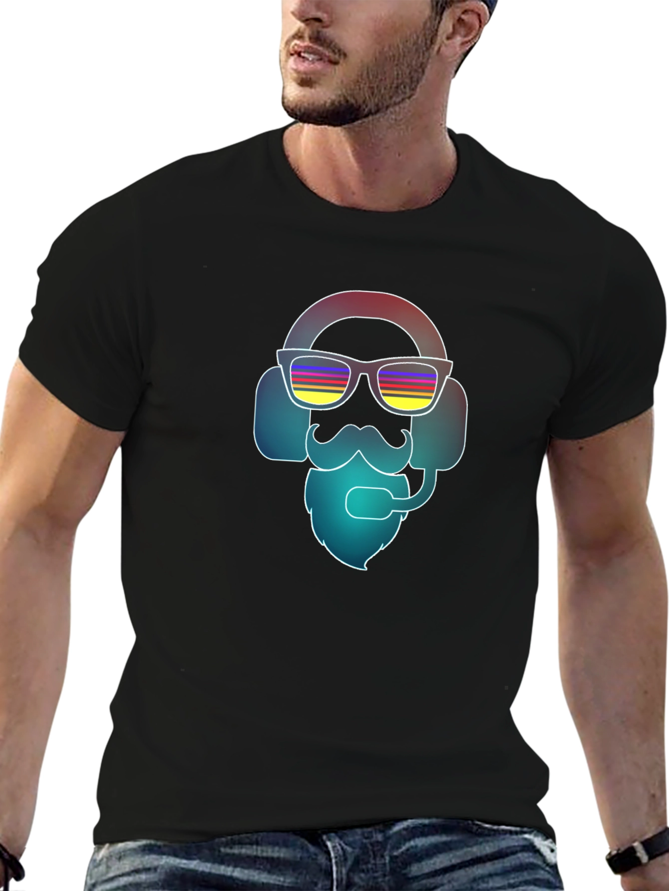 Black Cool Retro Gamer T-Shirt - Bearded Headphone Design view 6