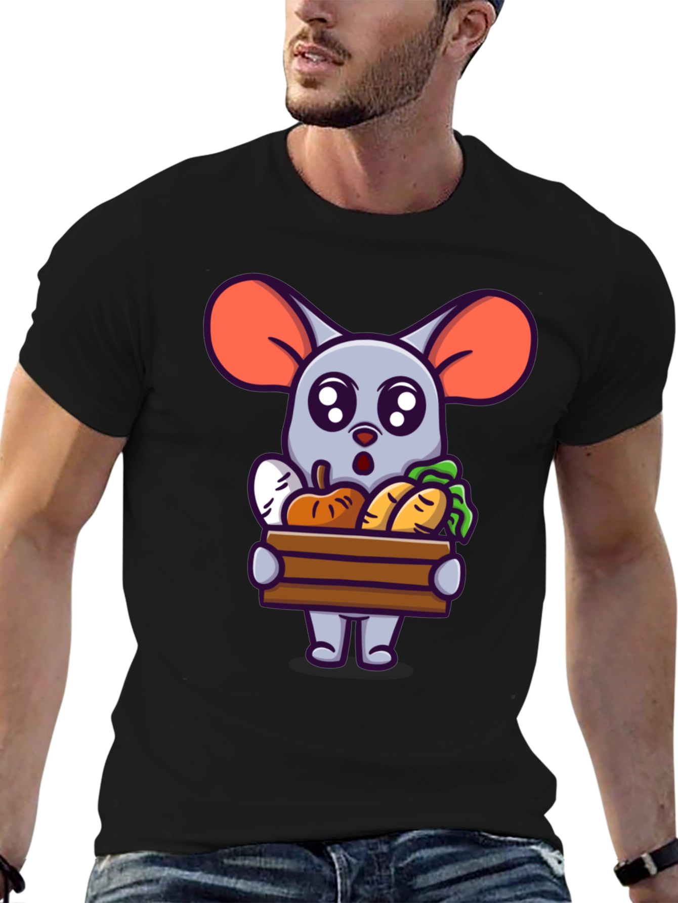 Black Cute Cartoon Mouse with Veggies T-Shirt view 6