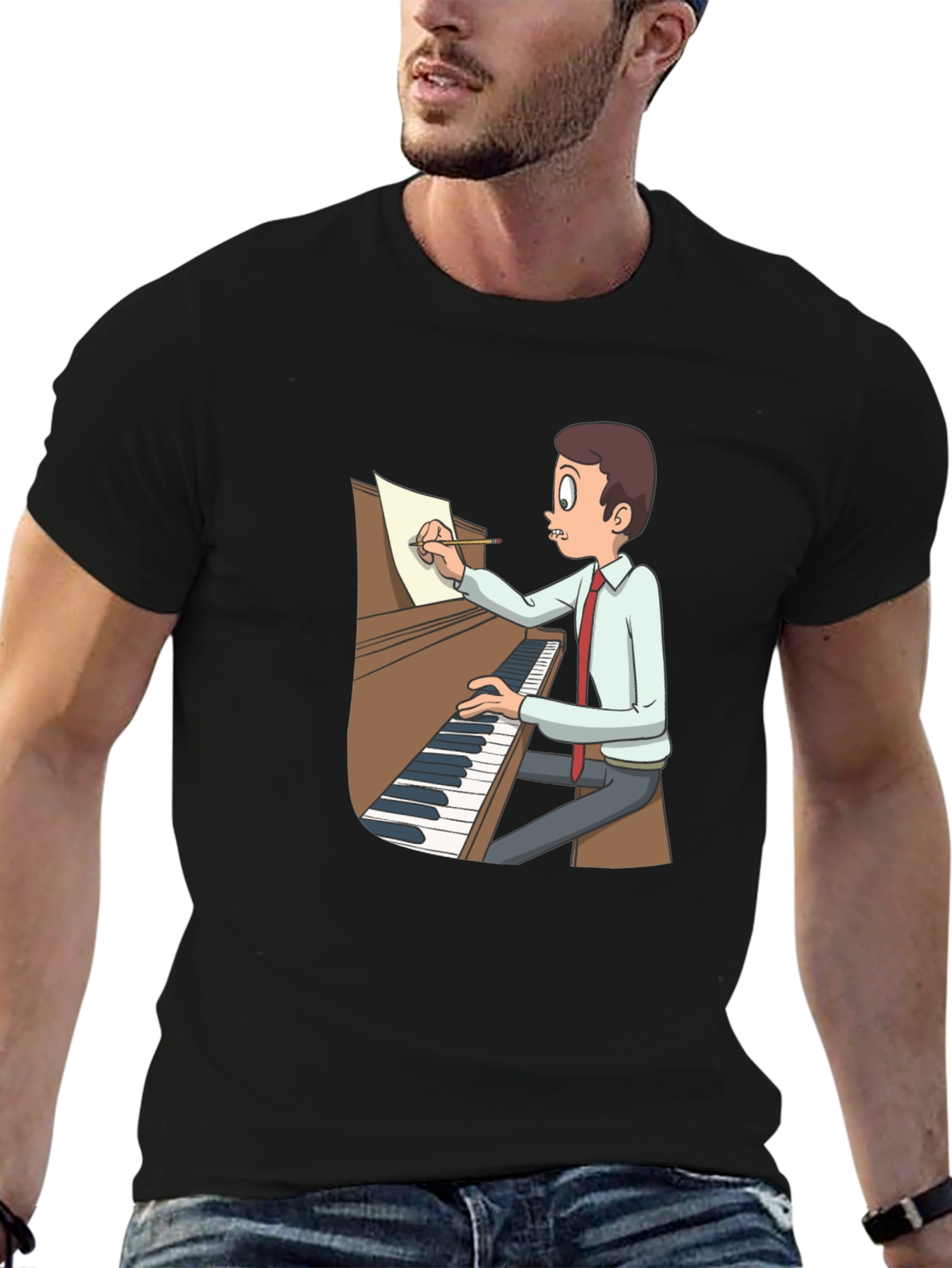Black Cartoon Pianist T-Shirt - Music Lover Tee view 6