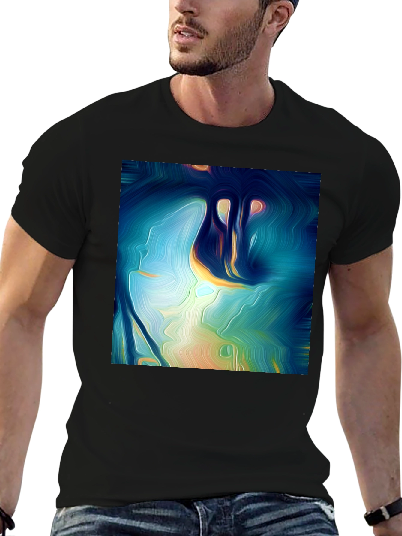 Black Abstract Art Tee: Vivid Design, Soft Cotton, Classic Fit view 6