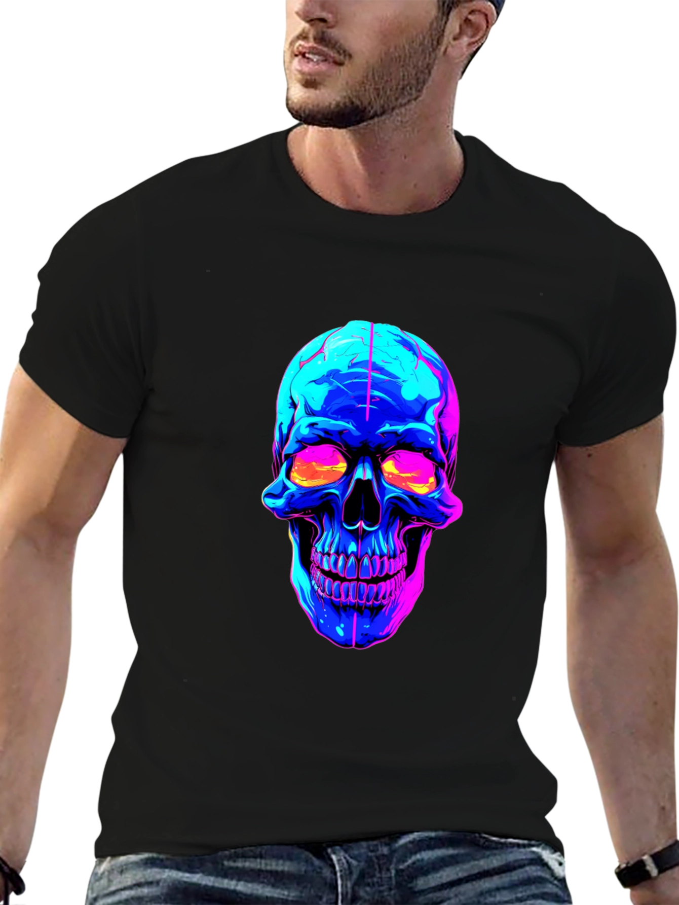 Black Neon Skull Graphic Black T-Shirt view 6