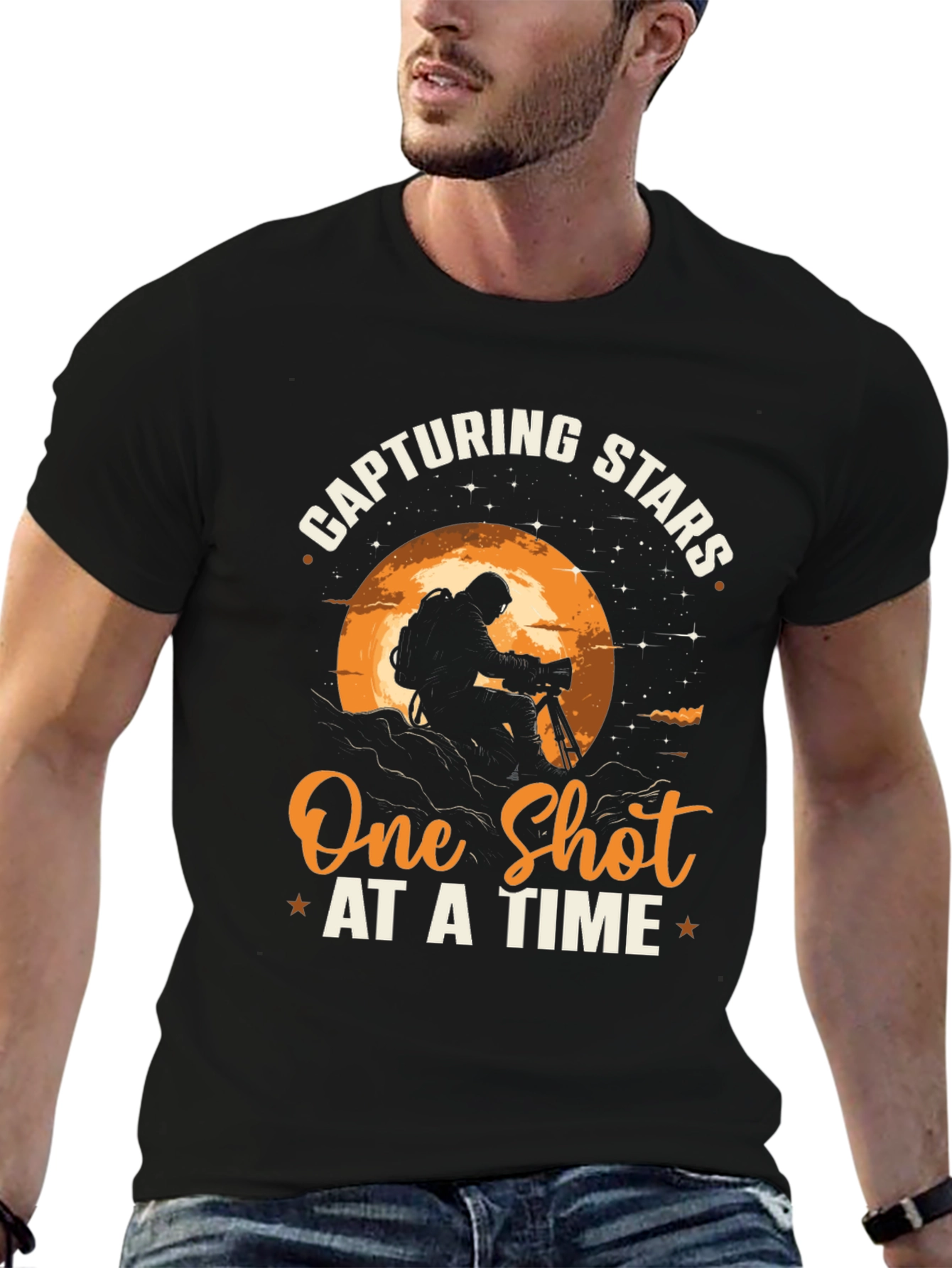 Black Capturing Stars T-Shirt - Photographer Design view 6
