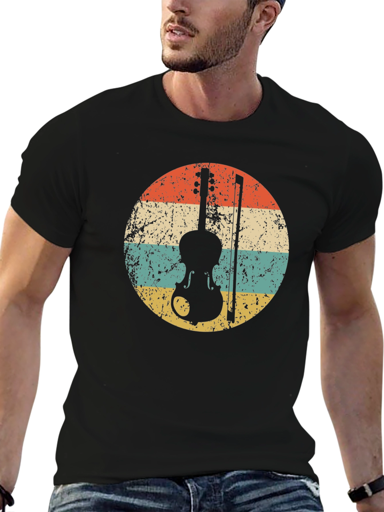 Black Retro Violin T-Shirt - Vintage Style Music Tee view 6