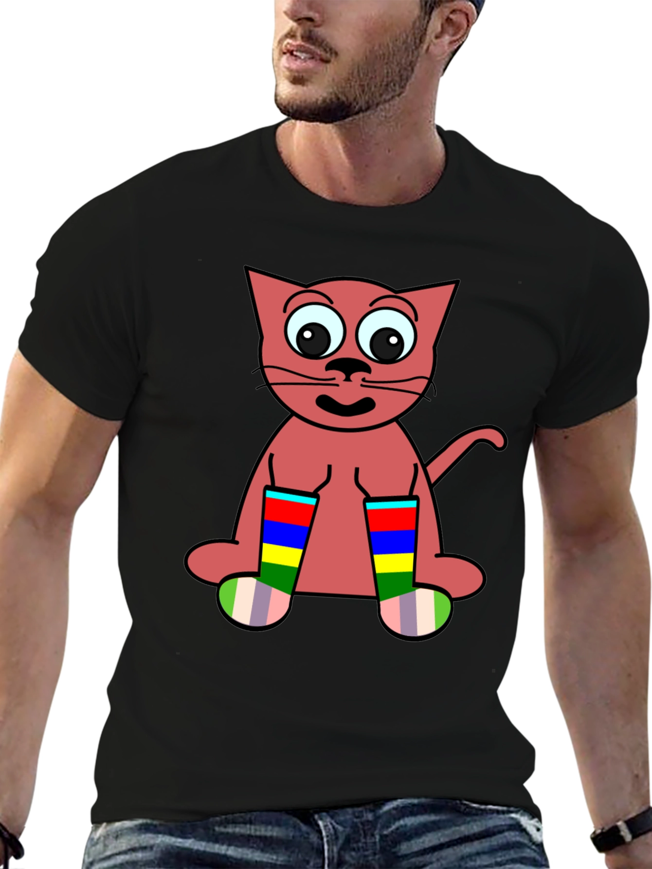 Black Cartoon Cat Rainbow Socks Black T-Shirt view 6