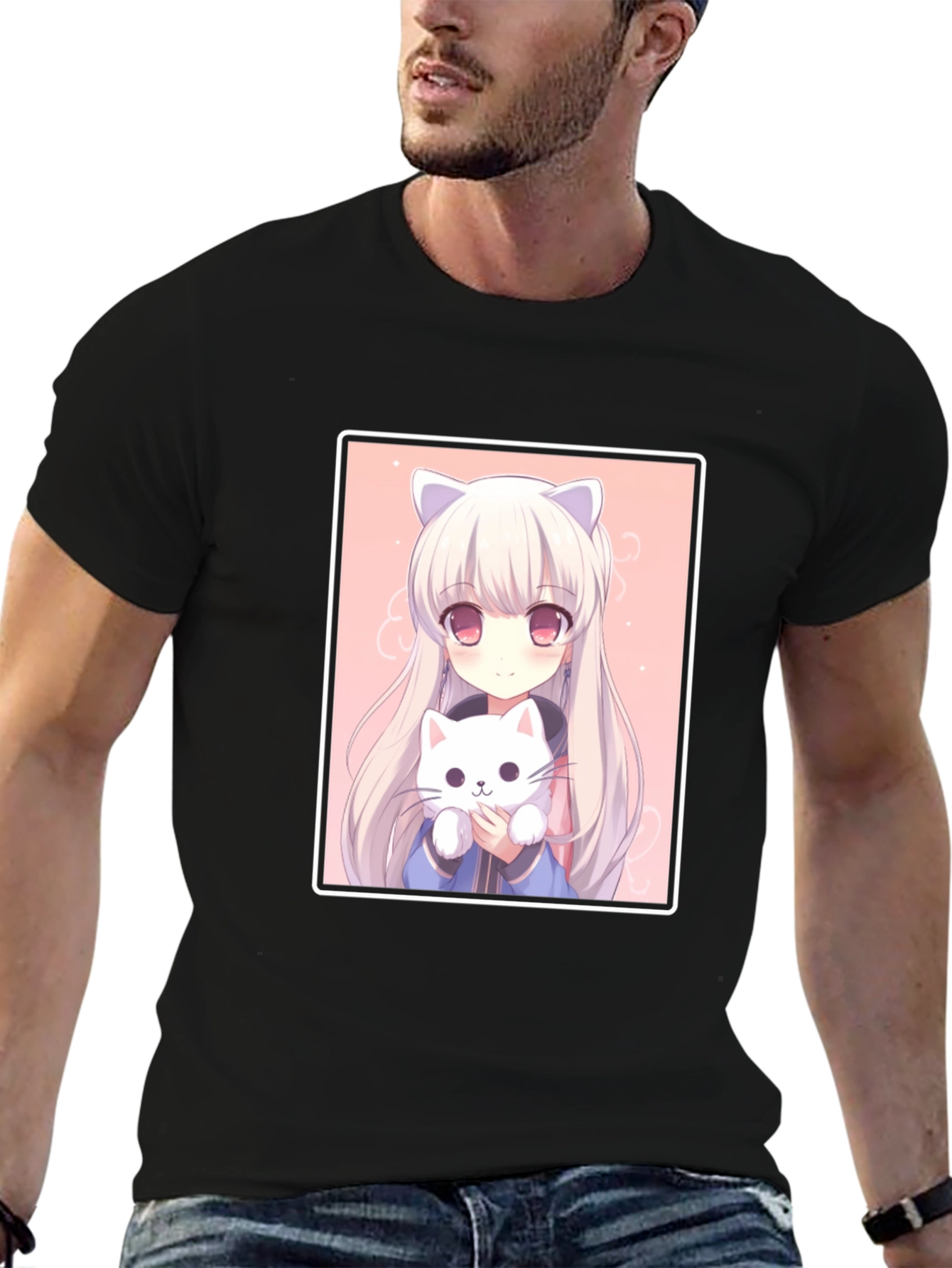 Black Anime Cat Girl T-Shirt - Soft Cotton Blend view 6