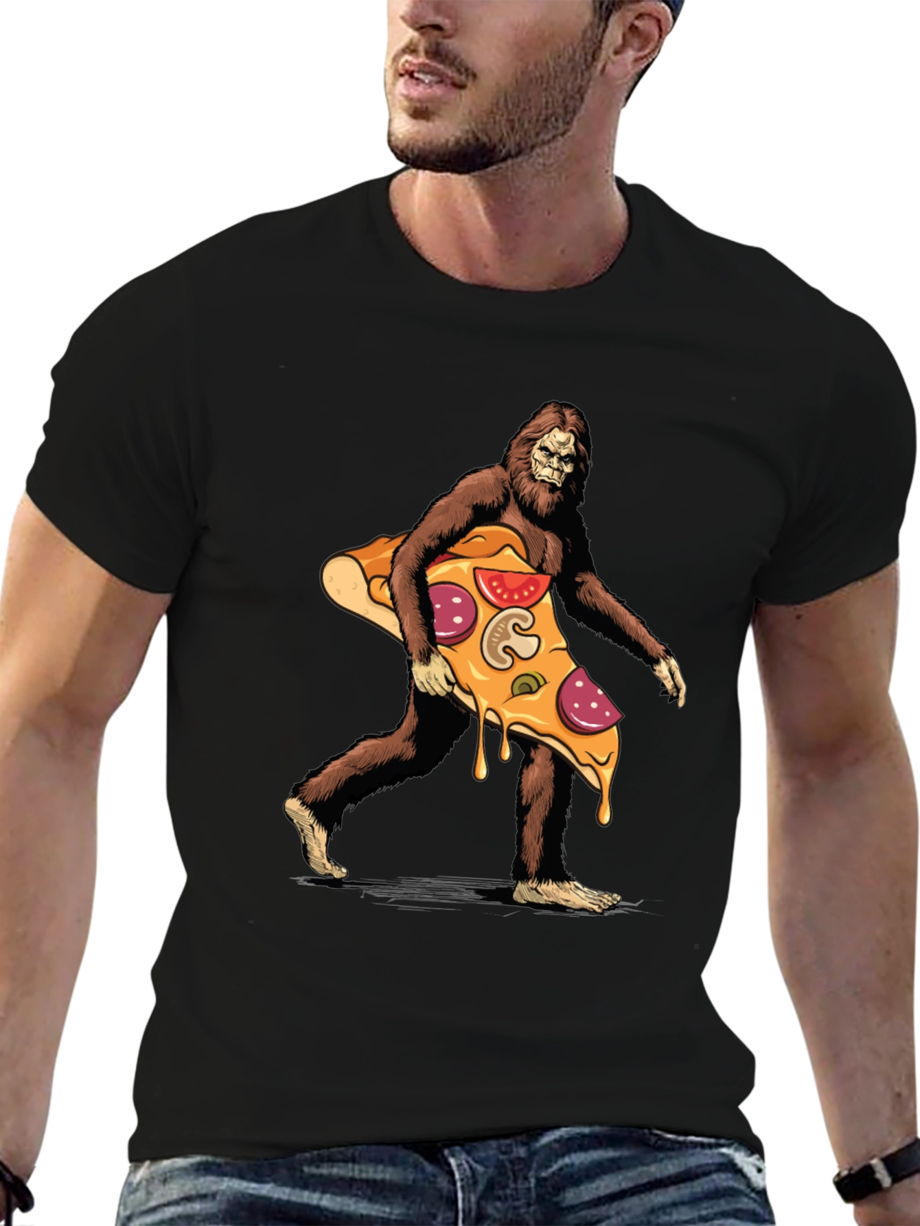 Black Bigfoot Pizza T-Shirt - Funny Graphic Tee view 6