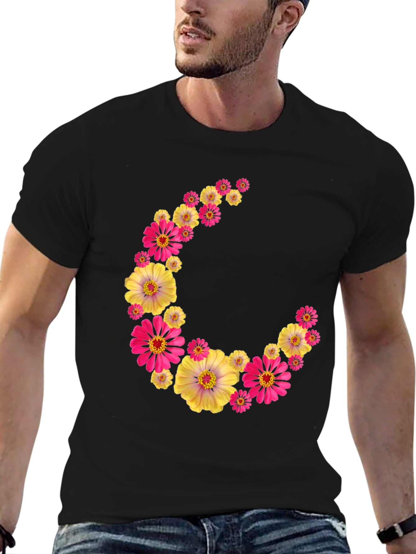 Black Floral Crescent Moon Black T-Shirt view 6