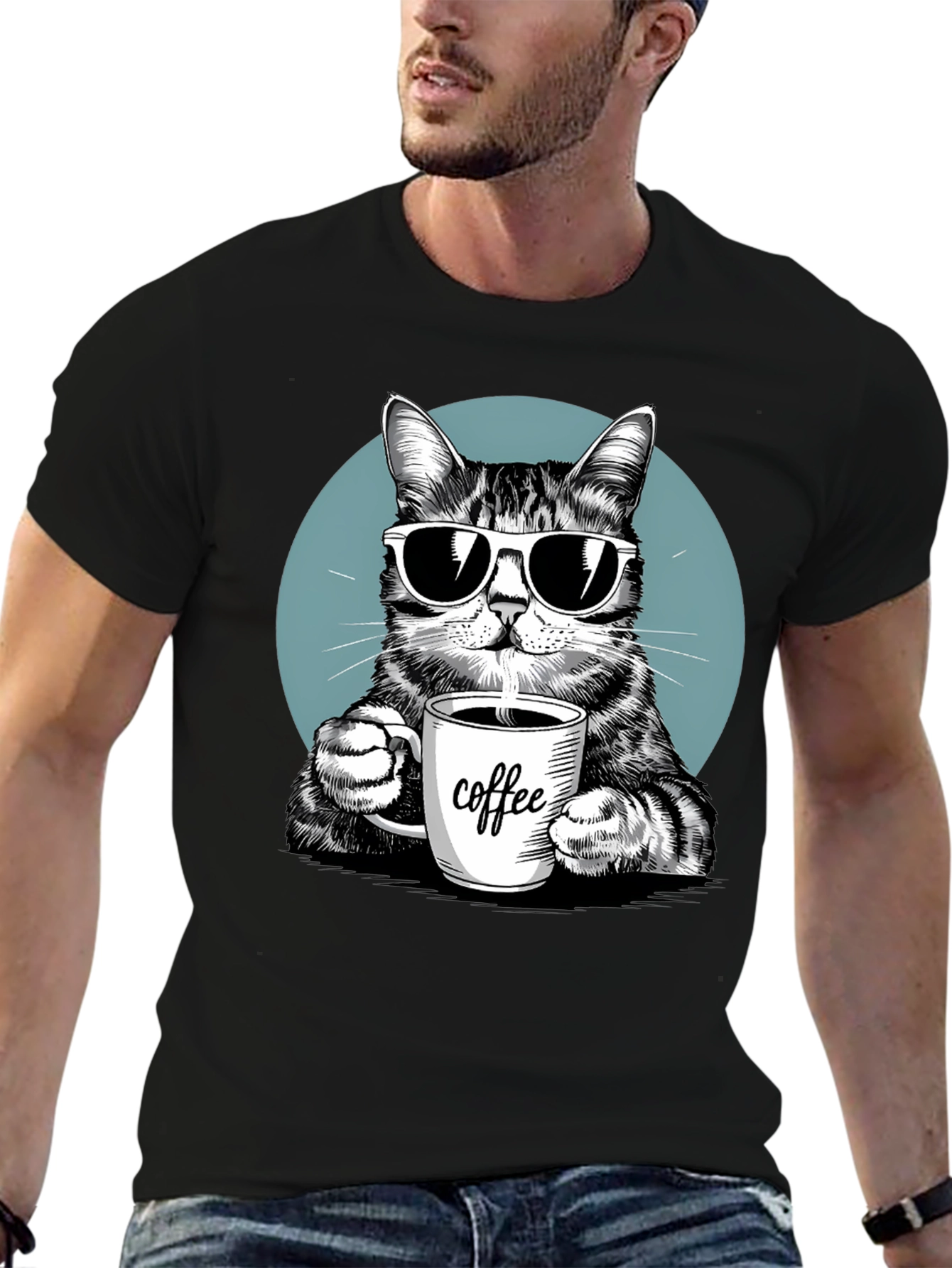 Black Cool Cat Coffee Lover Graphic T-Shirt view 6
