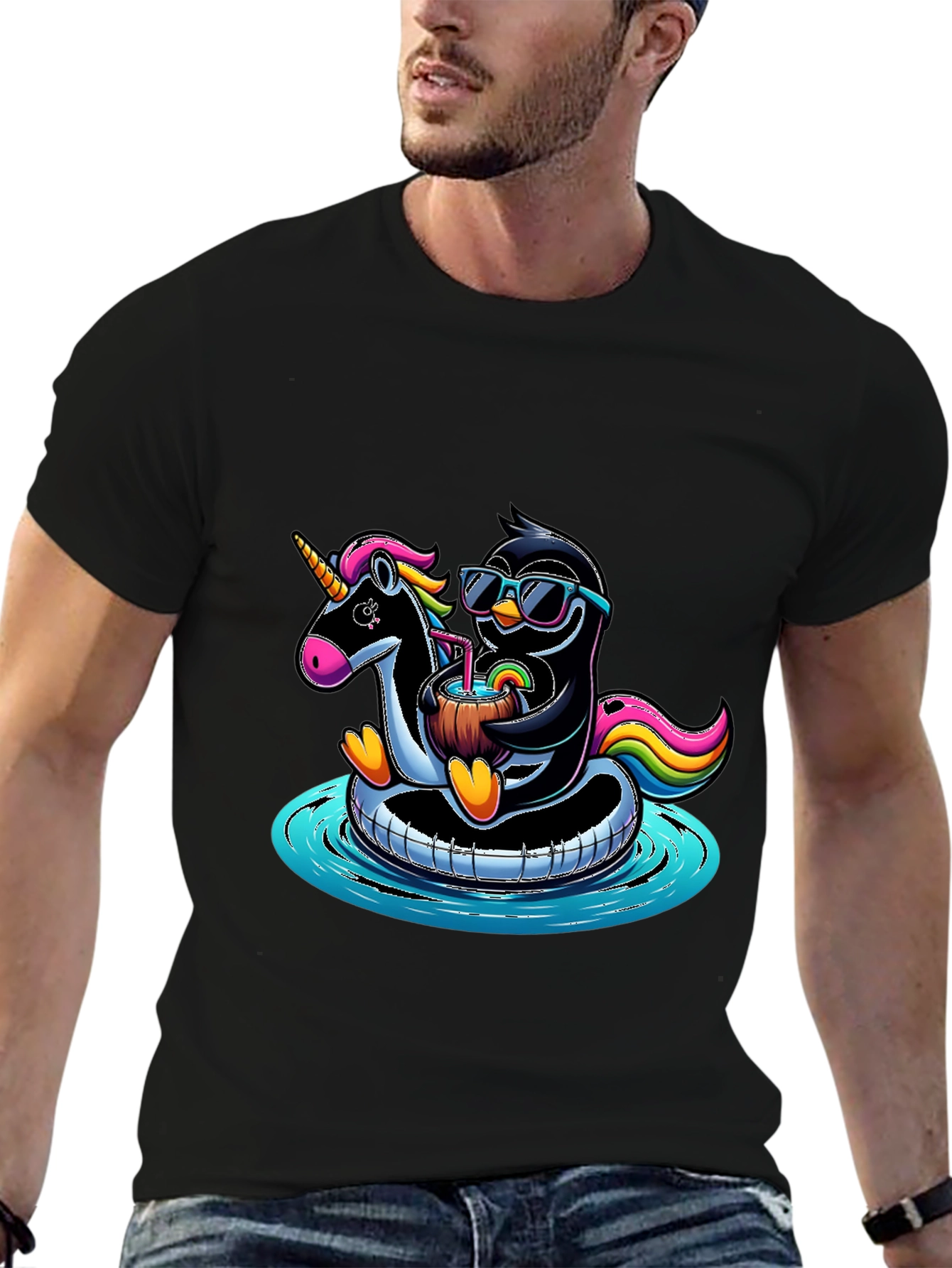 Black Penguin & Unicorn Pool Party Graphic Tee view 6