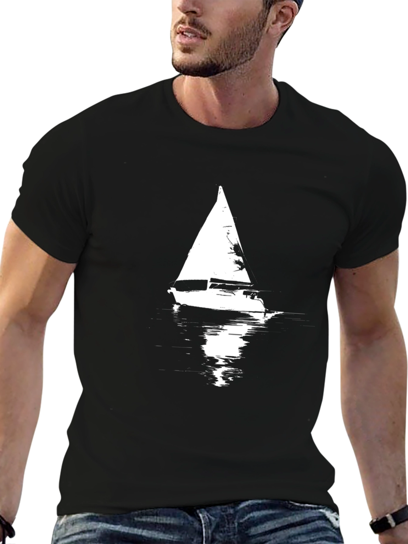 Black Sailboat Graphic Tee - Black Cotton T-Shirt view 6