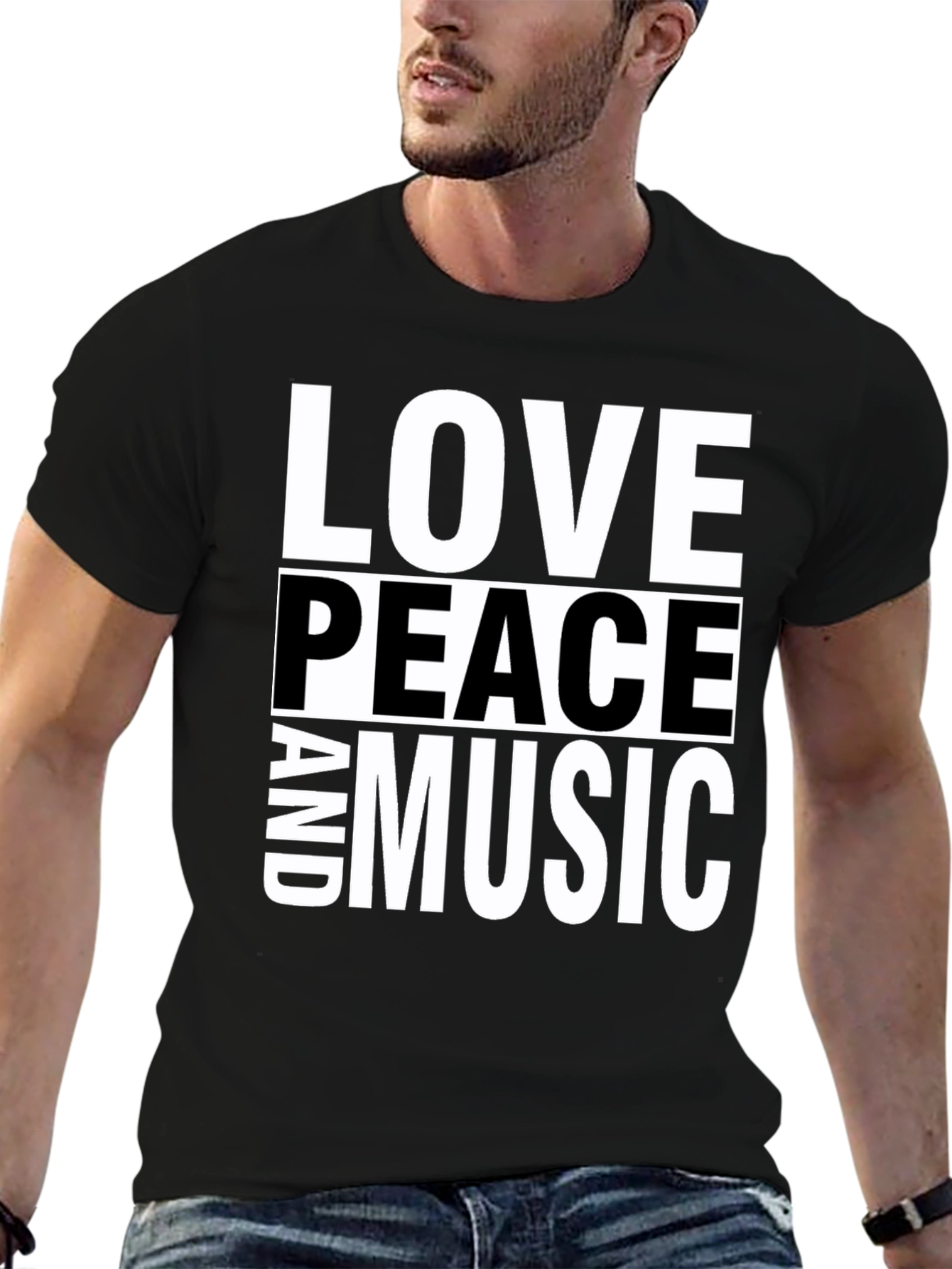 Black Love Peace and Music Black Graphic T-Shirt view 6