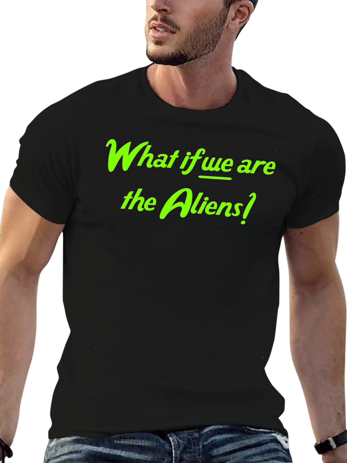 Black What if We Are the Aliens? Graphic Tee view 6