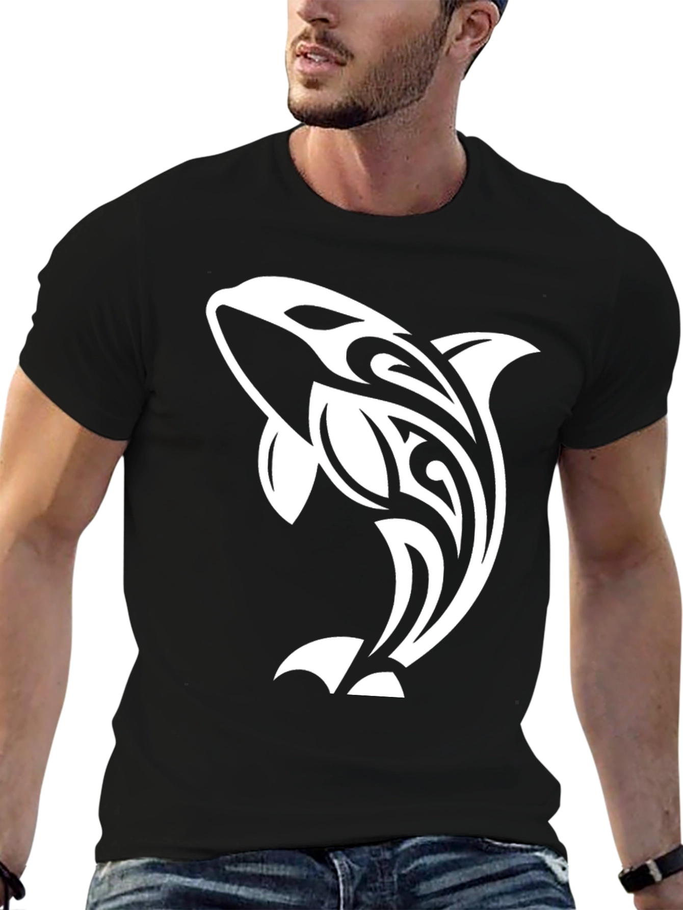 Black Orca Whale Tribal Design Black T-Shirt view 6