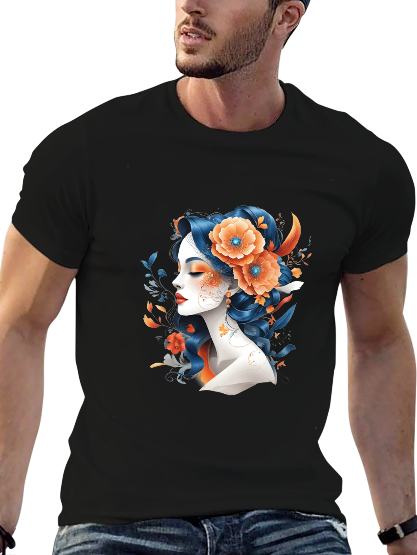 Black Floral Woman Graphic Tee - Black T-Shirt view 6