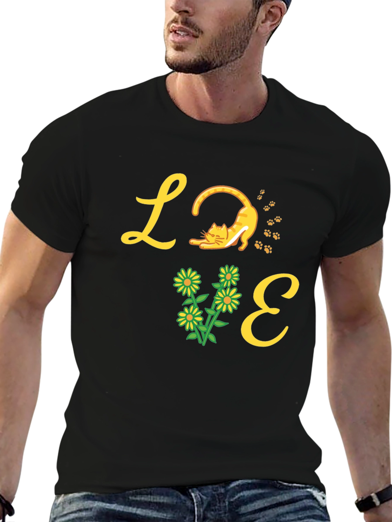 Black Love Cat & Flower Graphic T-Shirt - Black view 6