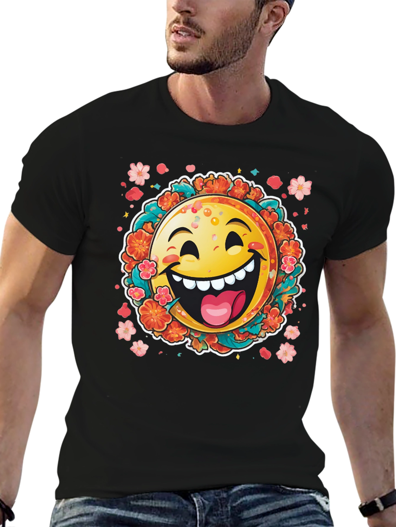 Black Happy Emoji Graphic T-Shirt - Fun Floral Design view 6