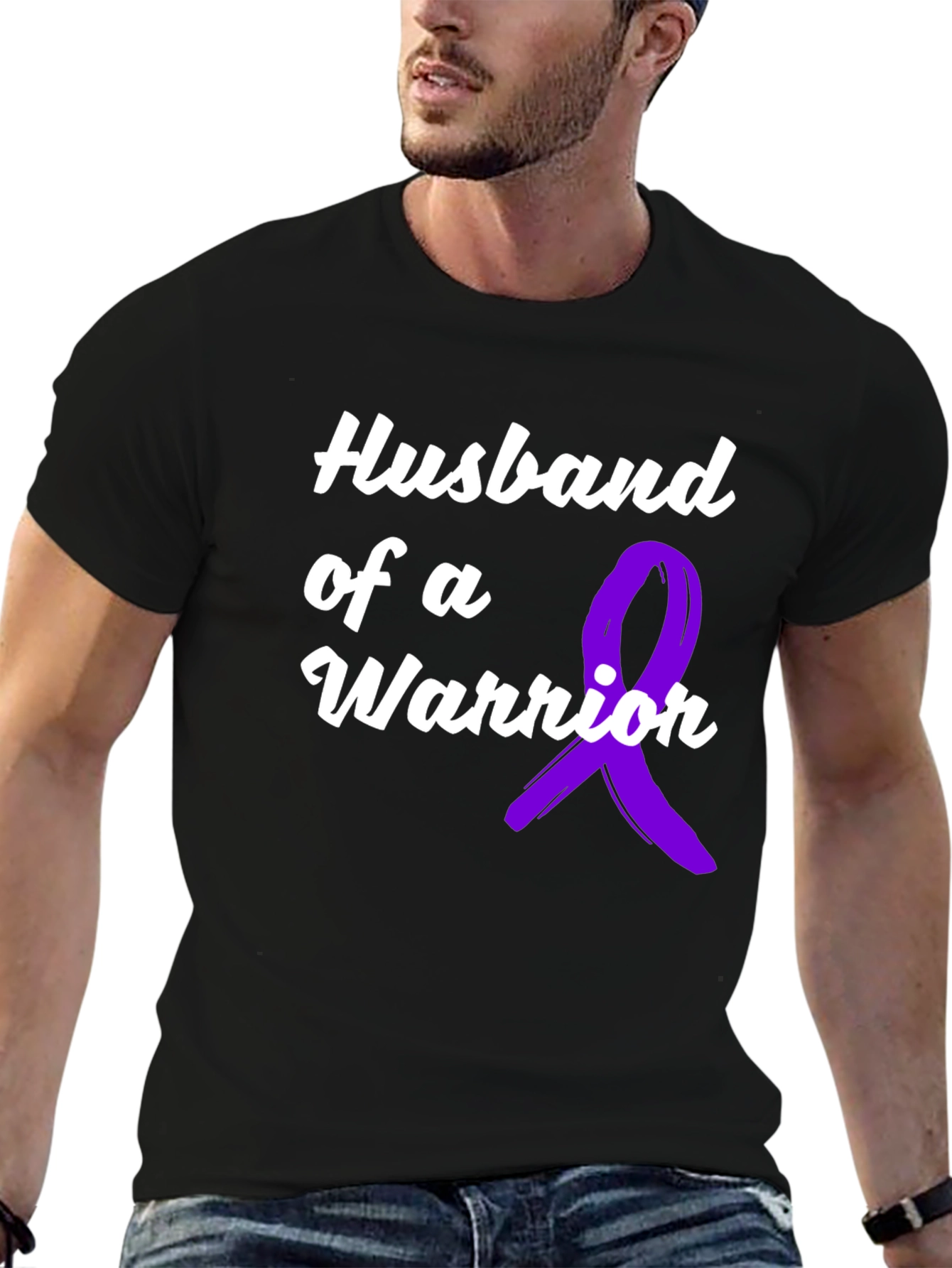 Black Husband of a Warrior Black T-Shirt Awareness Purple Ribbon view 6