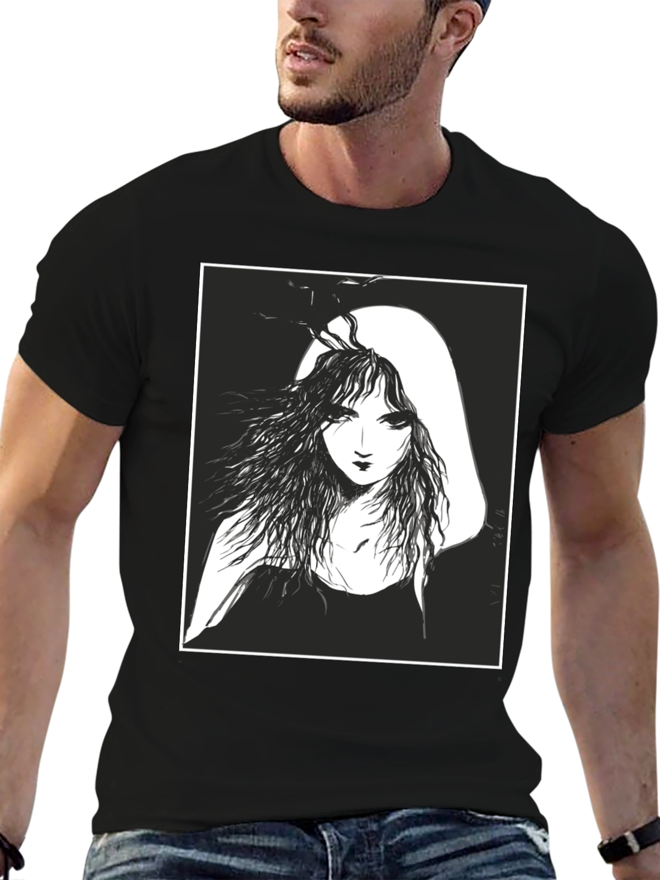 Black Ethereal Woman Graphic Tee - Black Cotton T-Shirt view 6