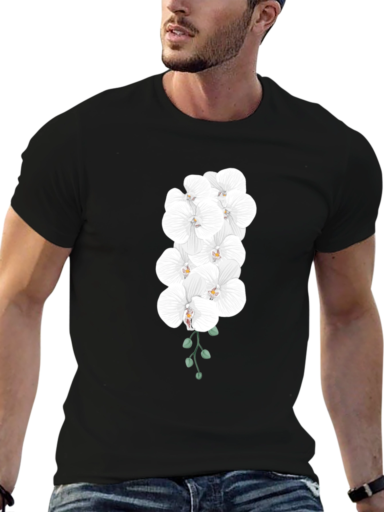 Black Elegant Orchid T-Shirt - Black Cotton Blend view 6