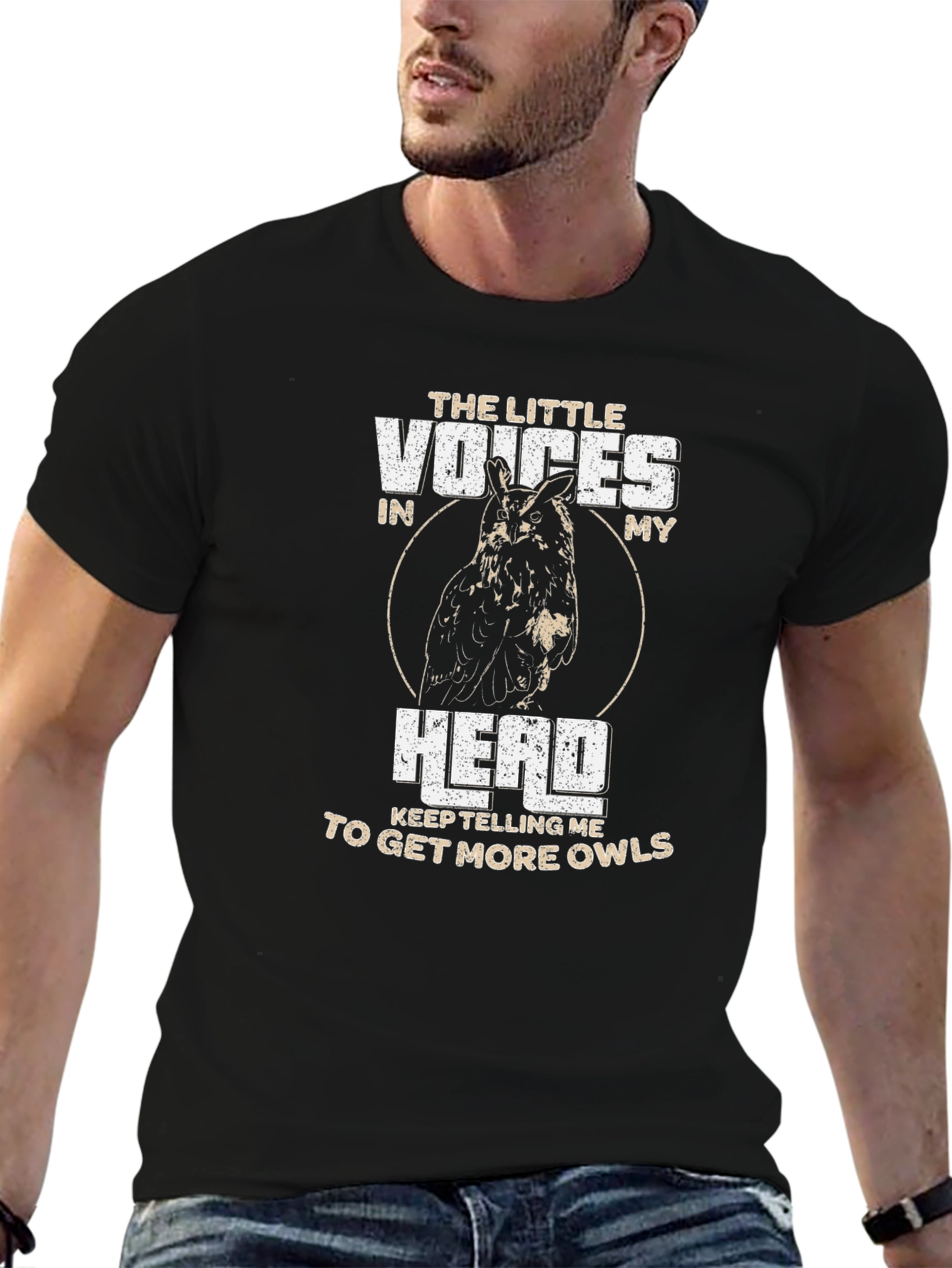 Black Funny Owl T-Shirt: The Little Voices In My Head view 6