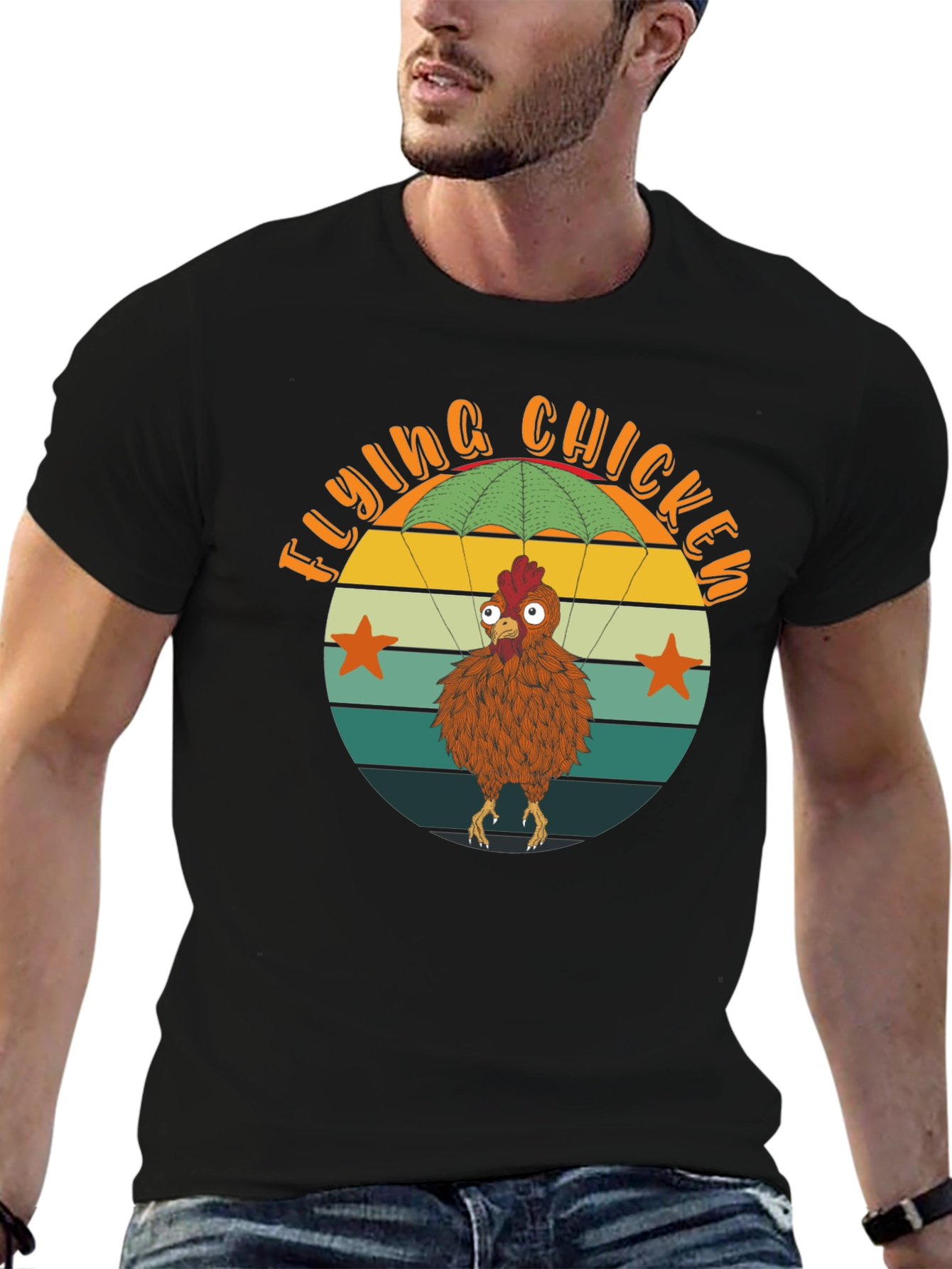 Black Flying Chicken T-Shirt - Funny Parachute Chicken Tee view 6