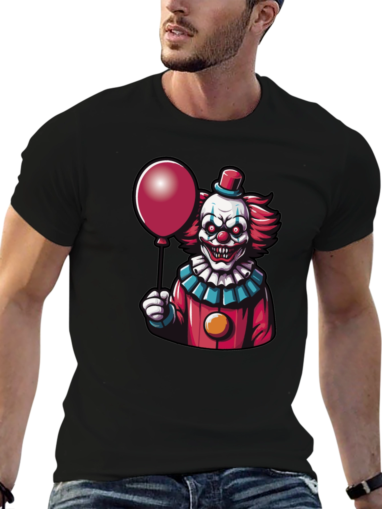 Black Creepy Clown Graphic Tee - Horror Balloon T-Shirt view 6