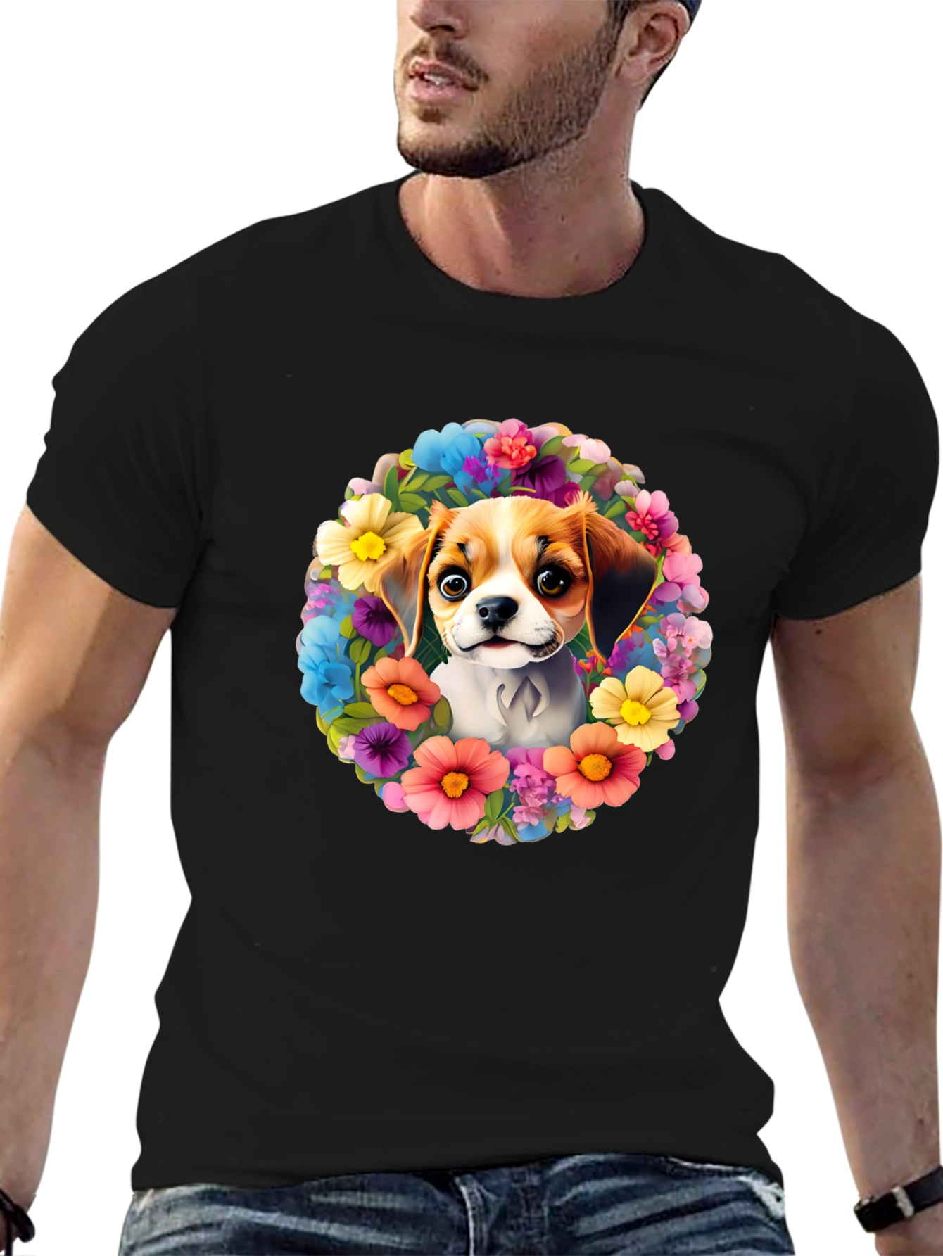 Black Dog Surrounded By Flowers T-shirt view 6