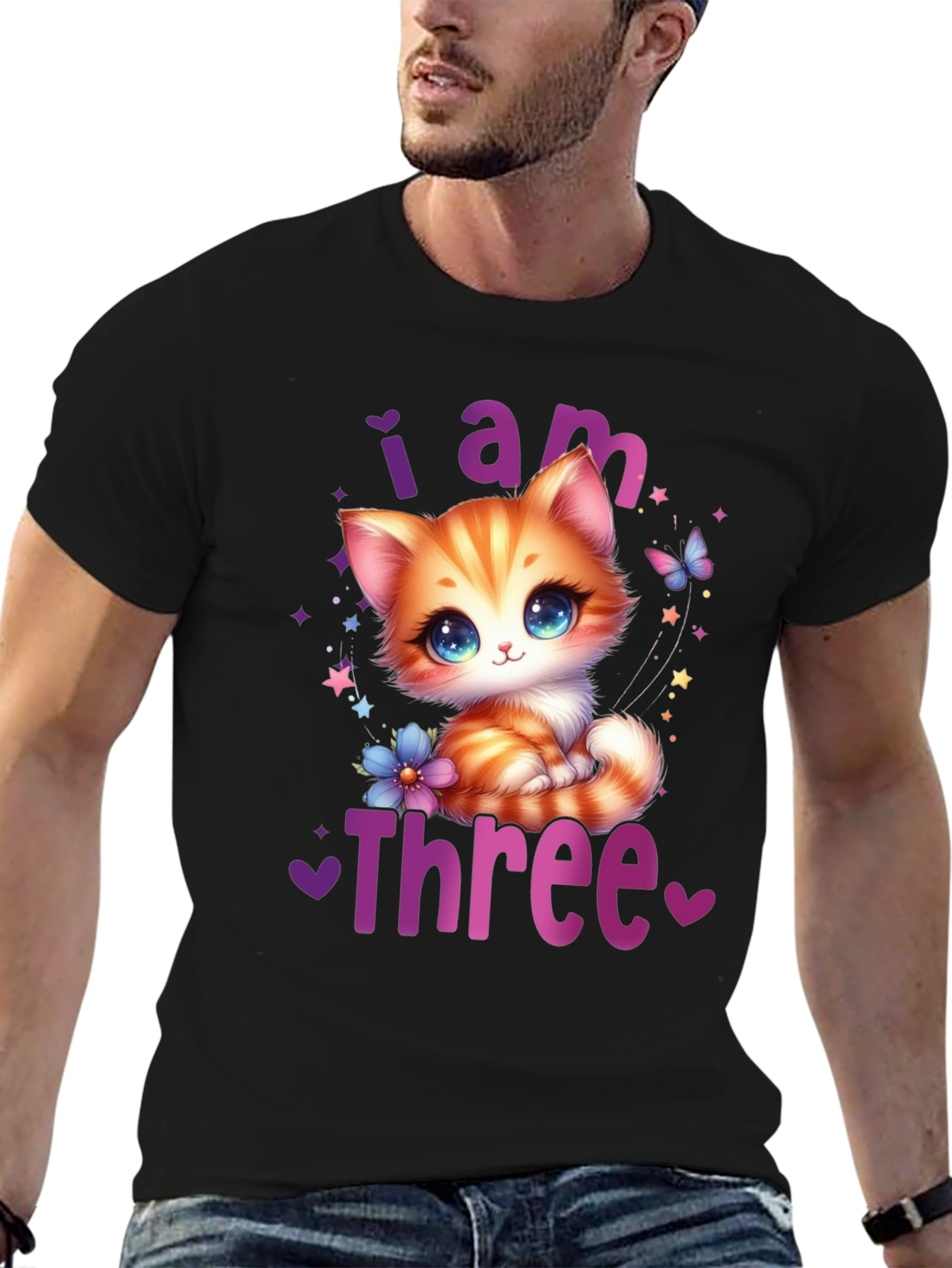 Black Cute "I am Three" Birthday Kitten T-Shirt view 6