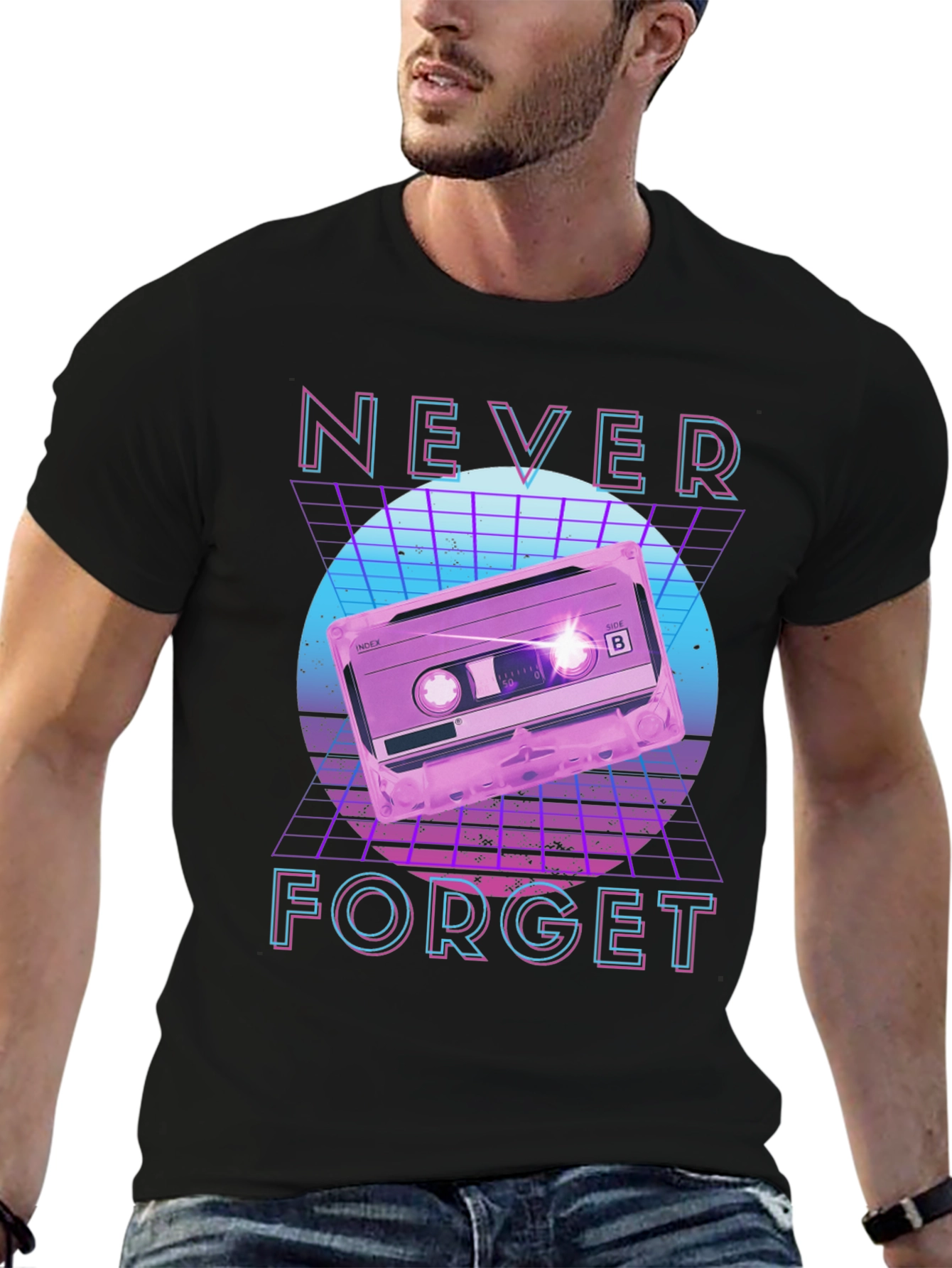 Black Retro 80s Cassette Tape Never Forget Graphic Tee view 6