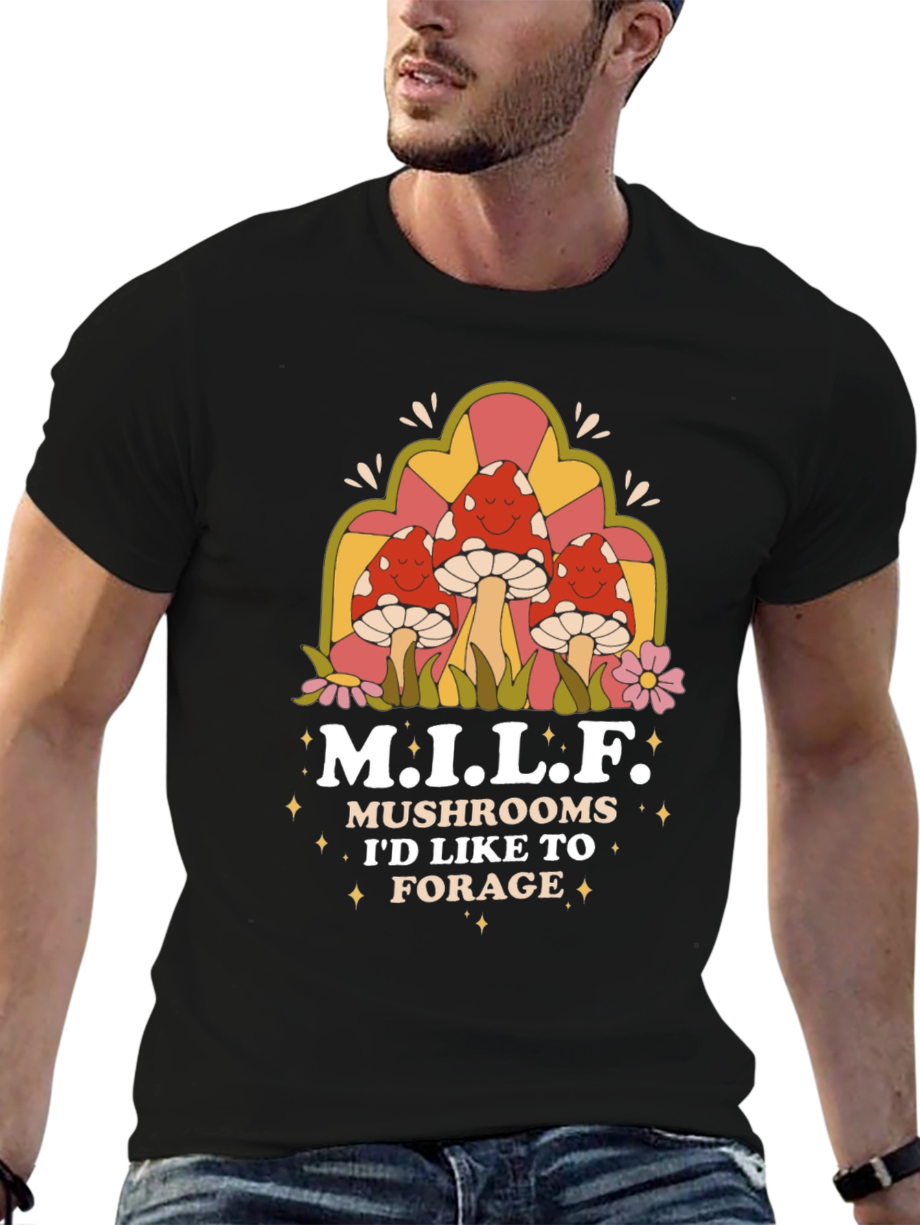 Black M.I.L.F Mushrooms Black T-Shirt view 6