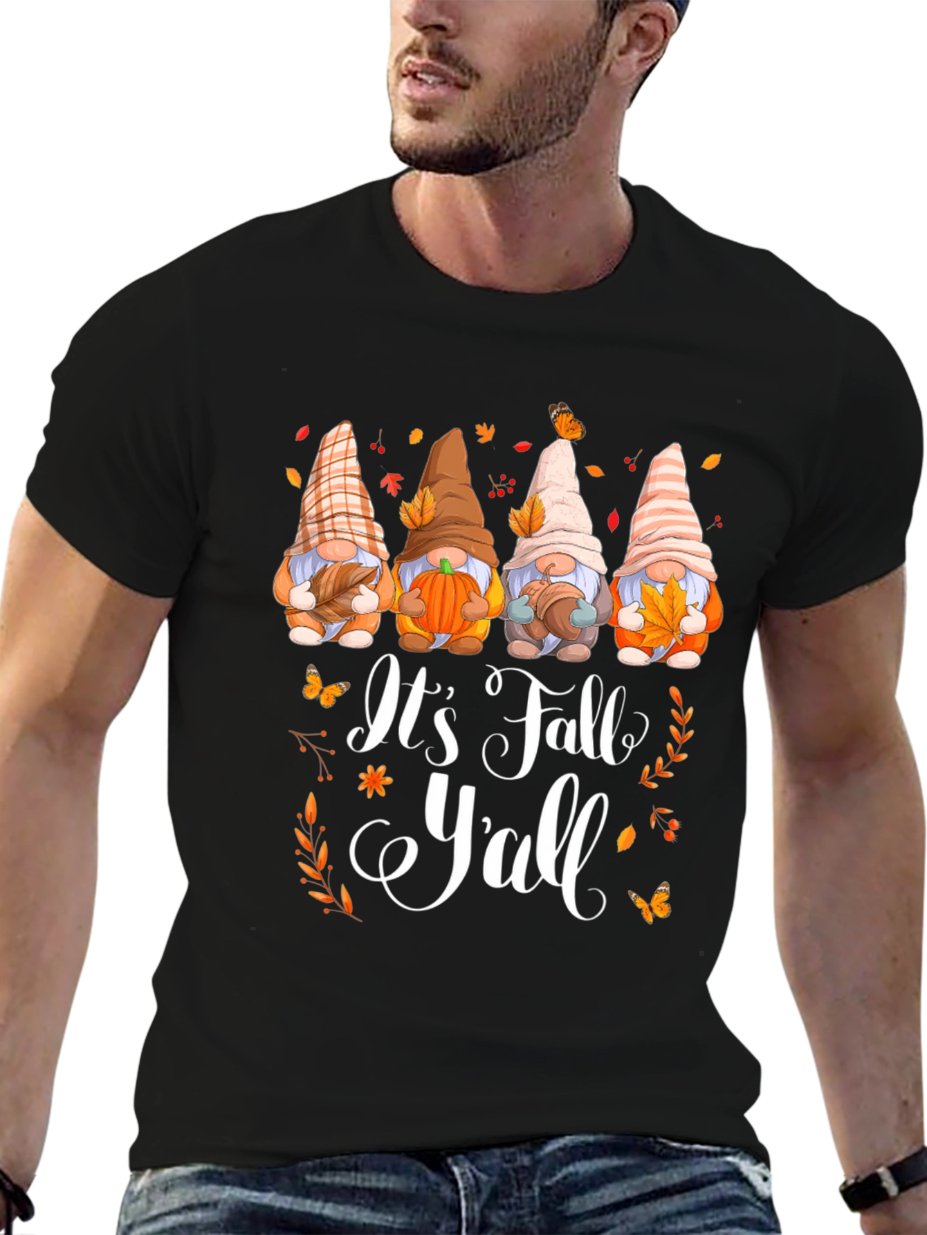 Black It's Fall Y'all Gnomes Graphic T-Shirt view 6