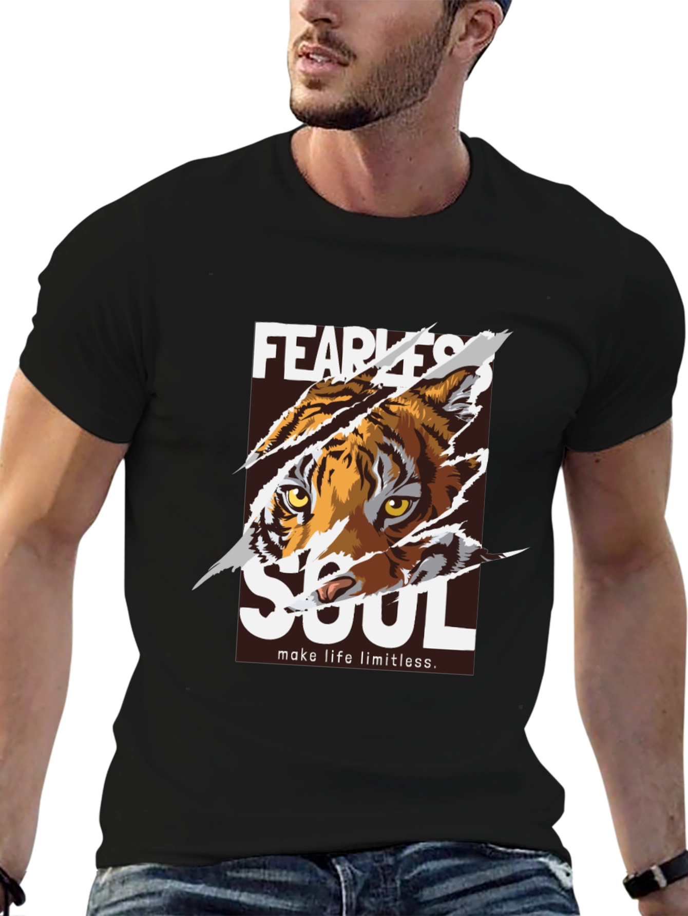 Black Fearless Soul Tiger Graphic Black T-Shirt view 6