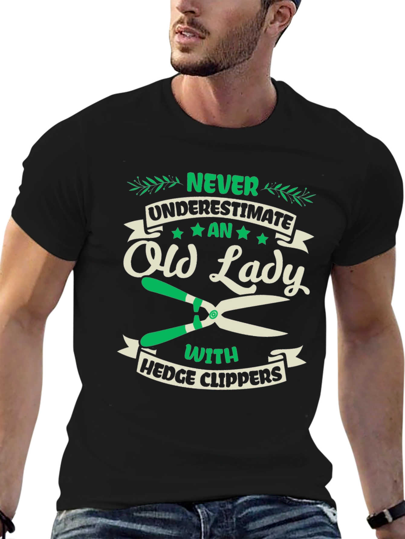 Black Funny Old Lady Hedge Clippers T-Shirt view 6