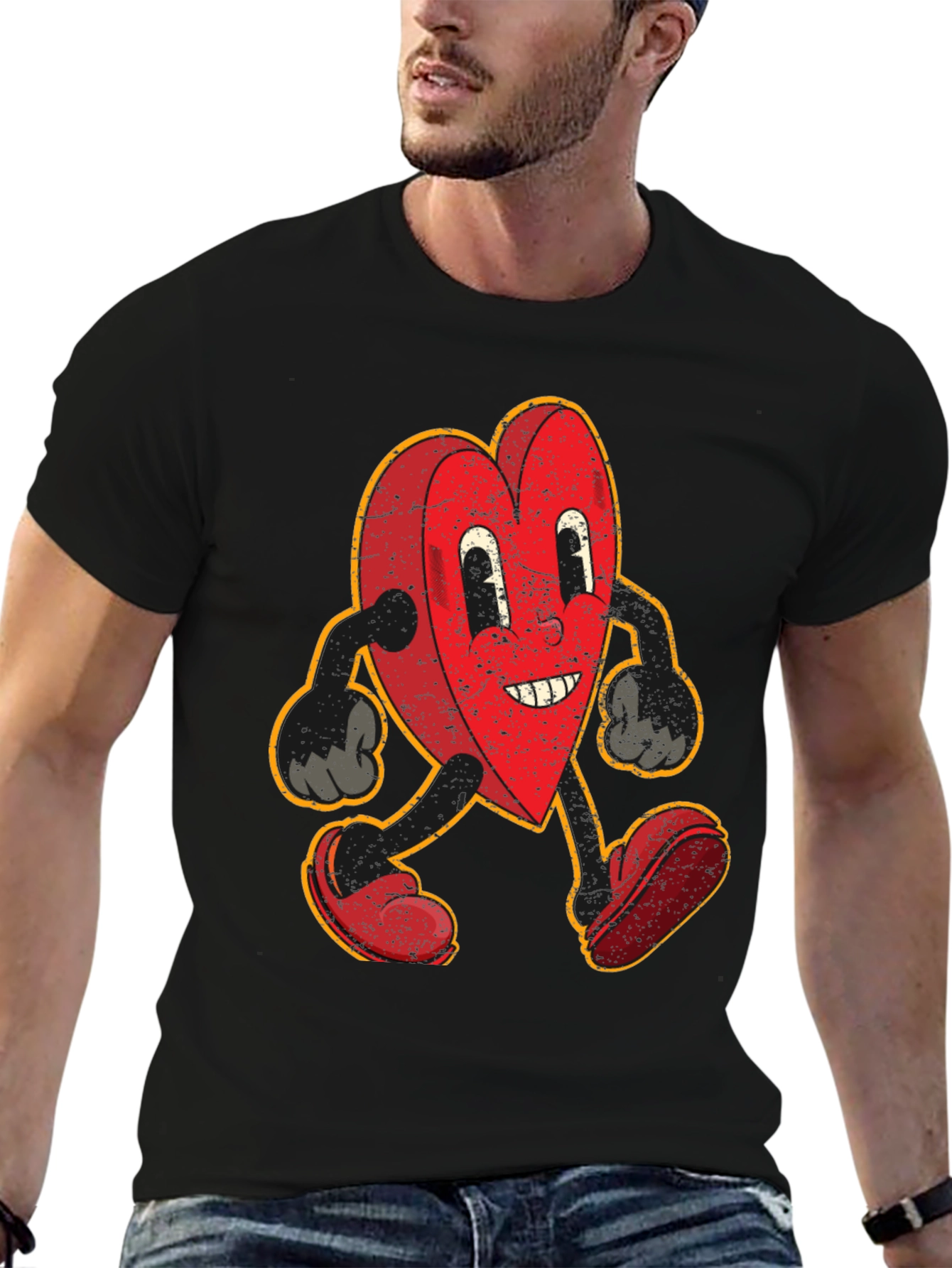 Black Retro Heart Cartoon Graphic T-Shirt view 6