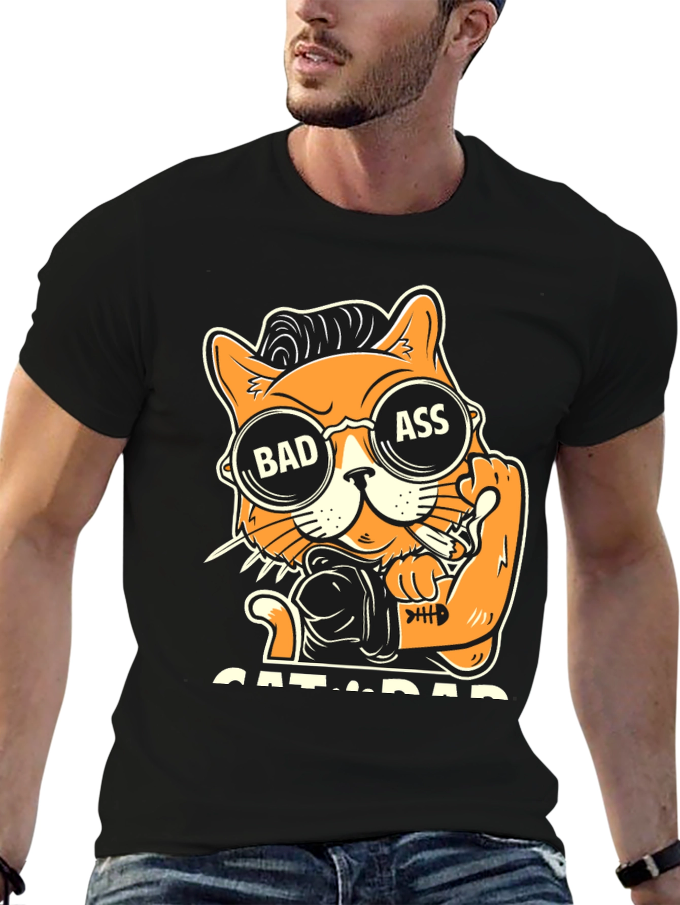 Black Bad Ass Cat Dad Graphic T-Shirt view 6