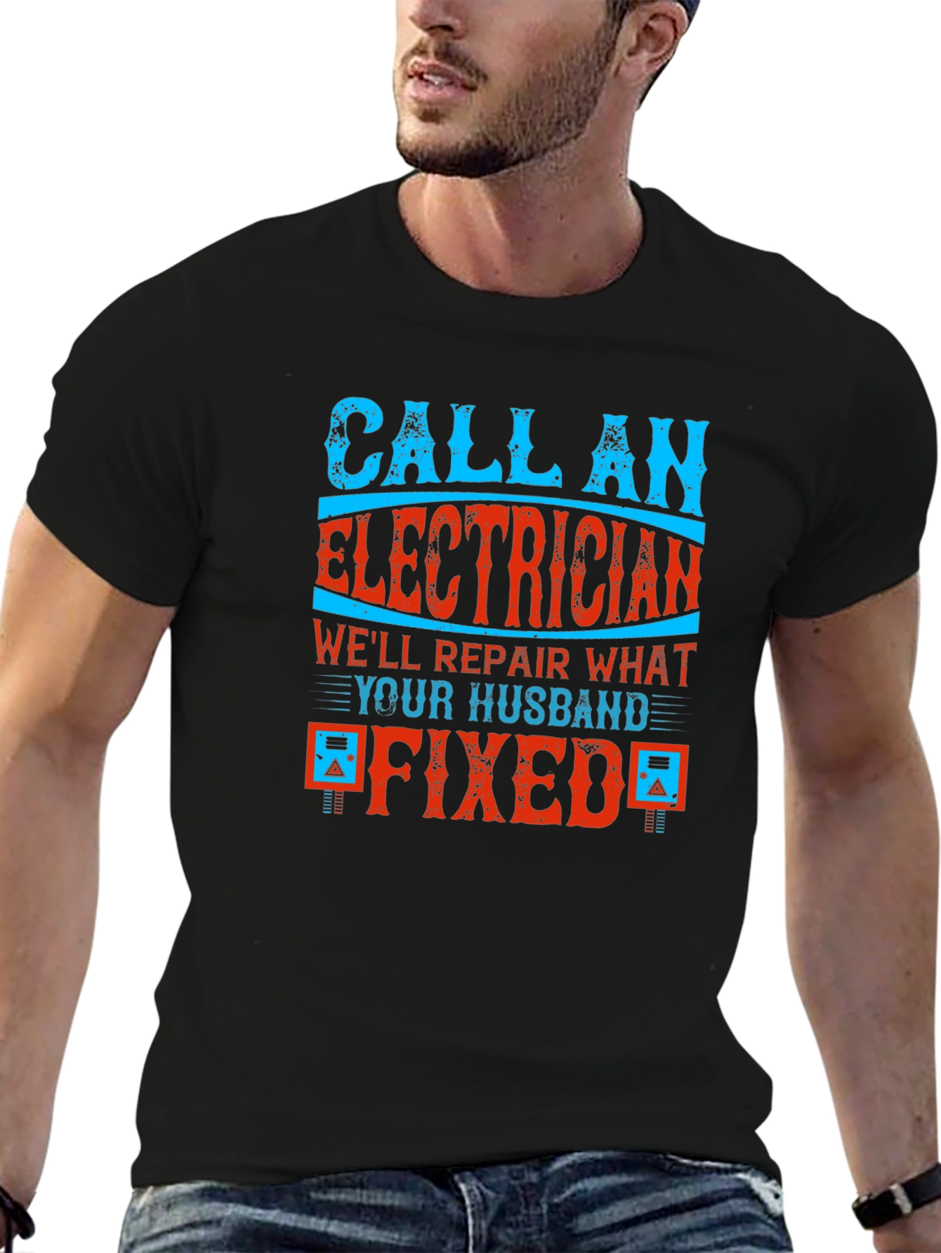 Black Electrician Humor Graphic T-Shirt - Husband Fixed It! view 6