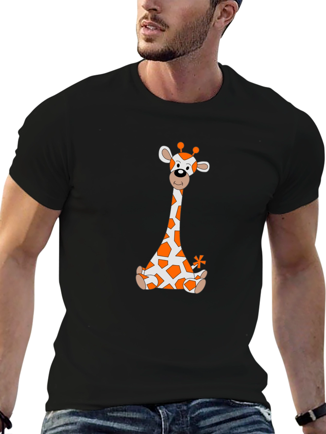 Black Giraffe Cartoon T-Shirt - Black Cotton Tee view 6