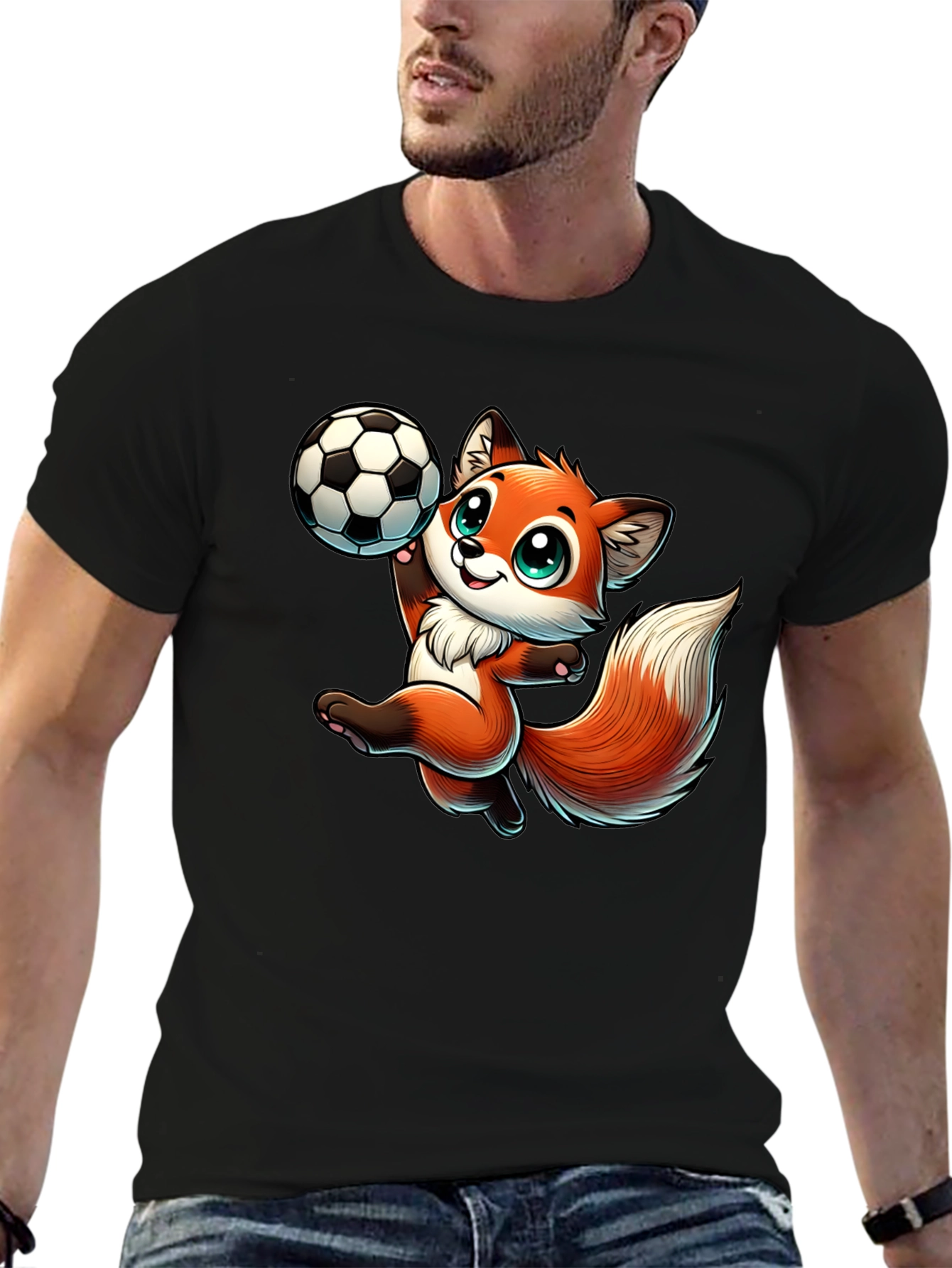 Black Cartoon Fox Soccer T-Shirt view 6