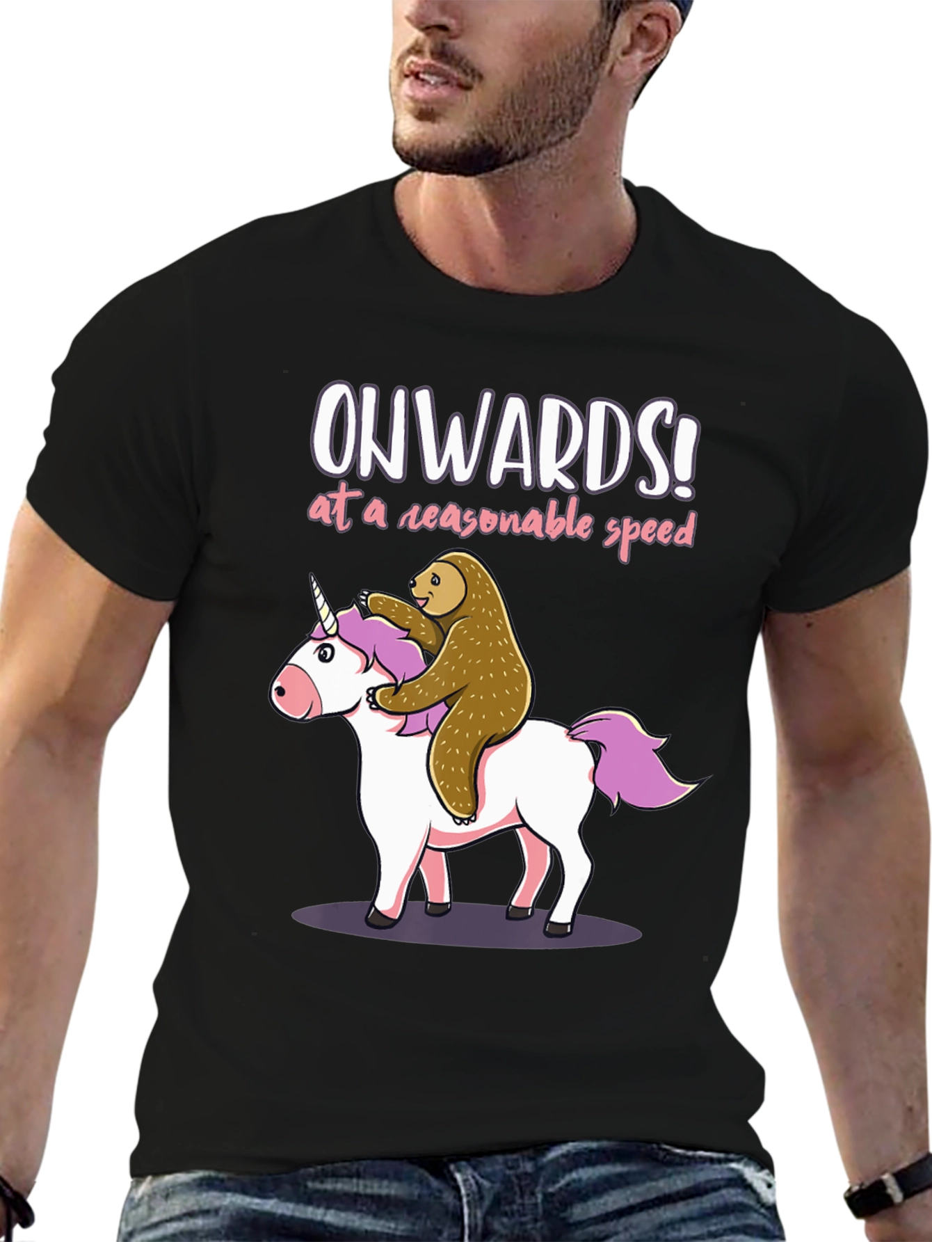 Black Onwards Unicorn Sloth T-Shirt - Funny Graphic Tee view 6