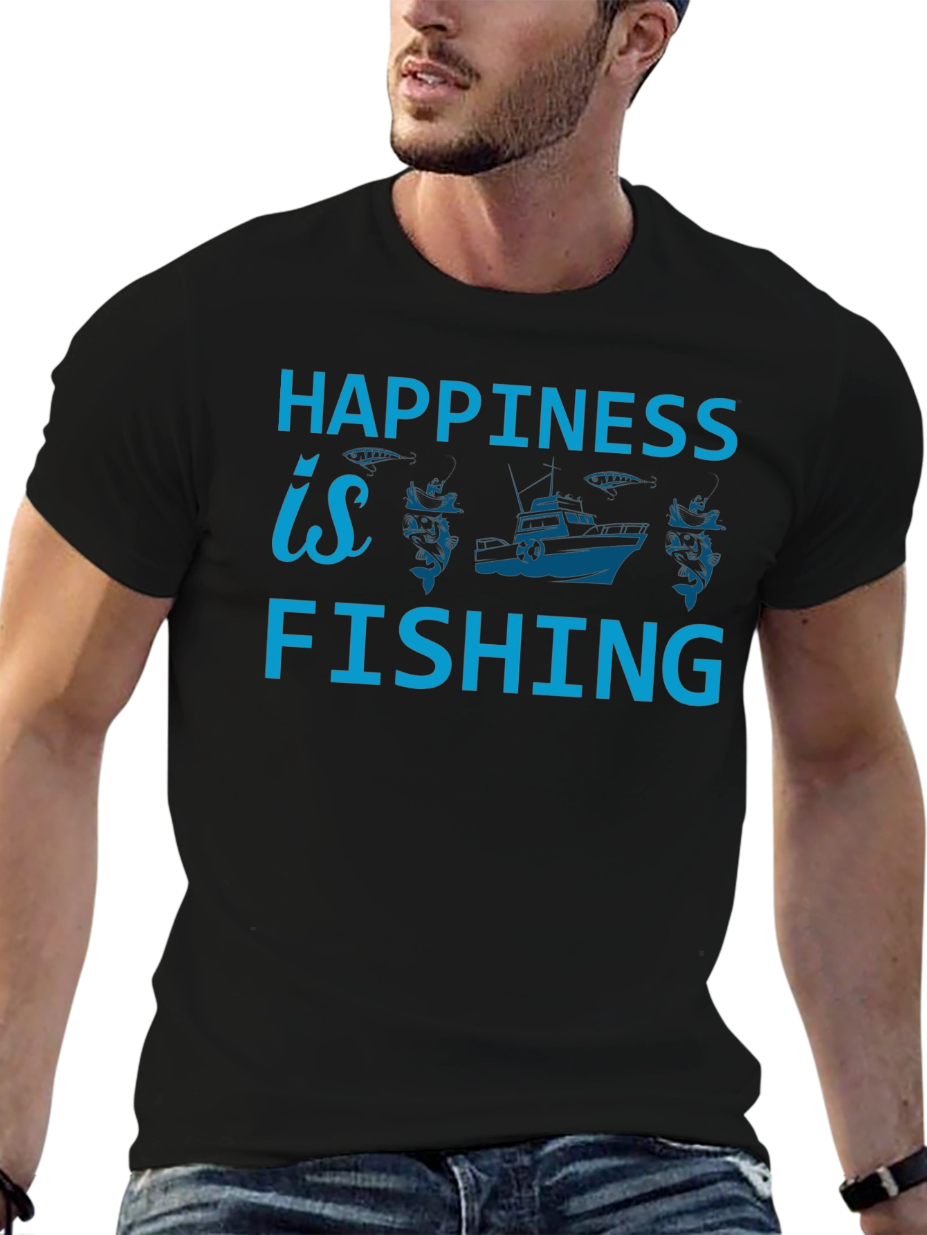 Black Happiness is Fishing Graphic Tee - Soft Cotton Shirt view 6
