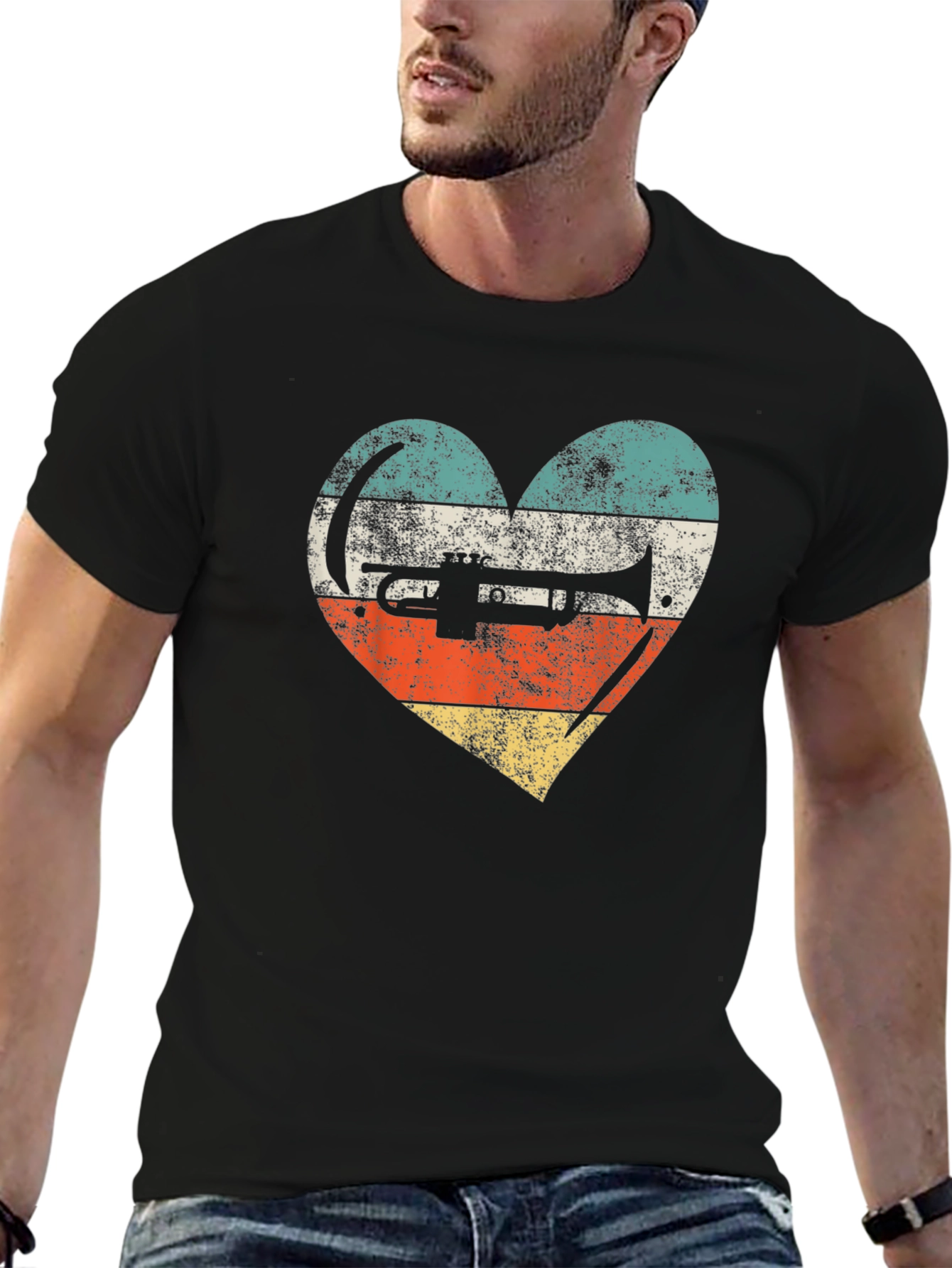 Black Retro Trumpet Heart T-Shirt - Vintage Style Musician Tee view 6