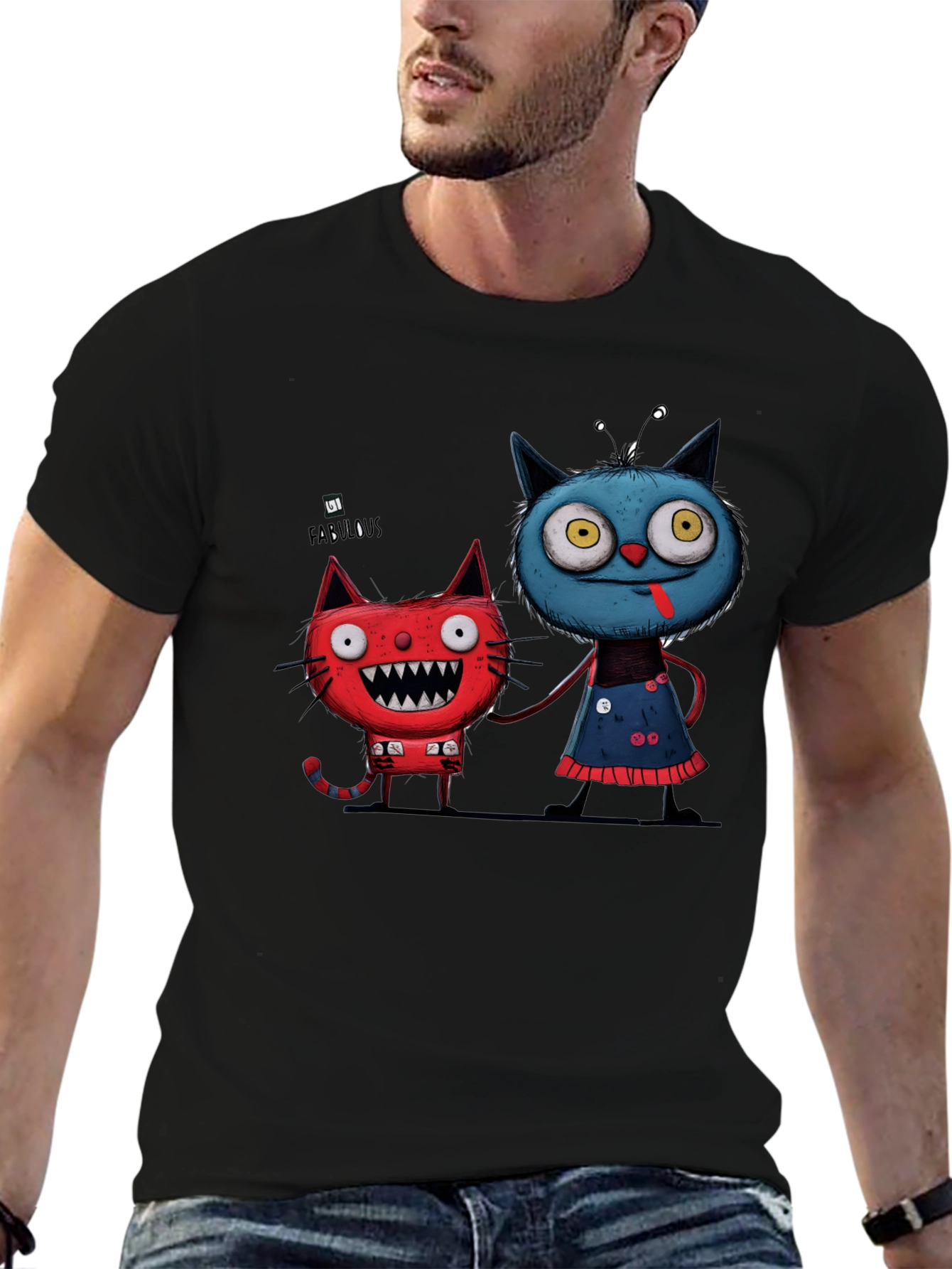 Black Cartoon Cat Graphic Tee - Whimsical Black T-Shirt view 6