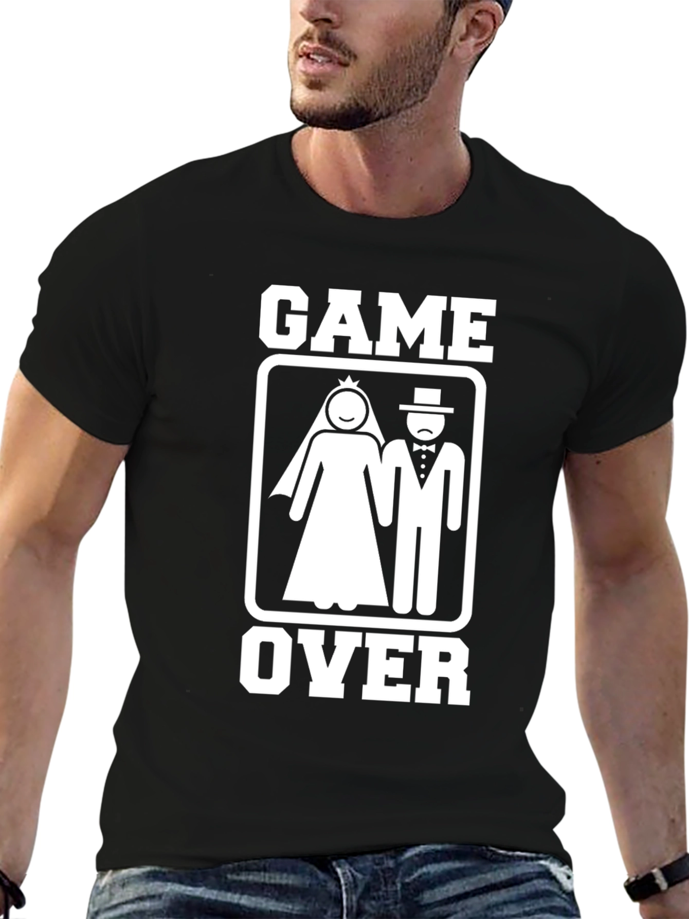 Black Game Over Wedding Humor T-Shirt view 6
