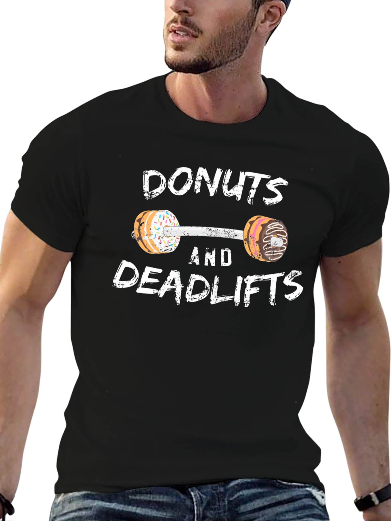 Black Donuts and Deadlifts Funny Workout Gym T-Shirt view 6