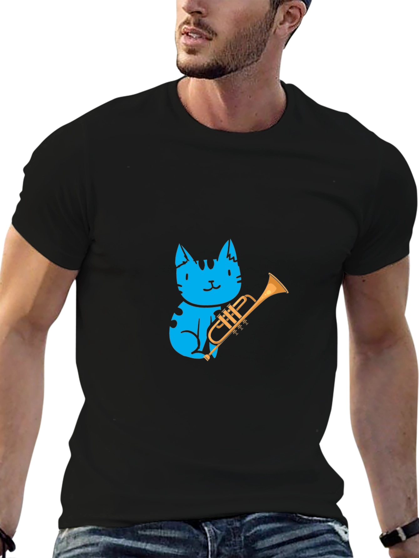 Black Blue Cat Trumpet Player Graphic Tee view 6
