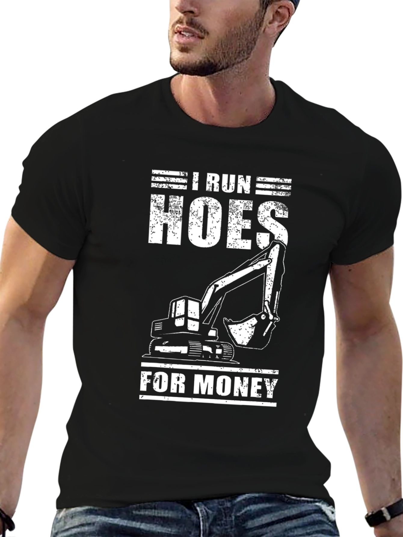 Black I Run Hoes for Money Funny Excavator Black T-Shirt view 6