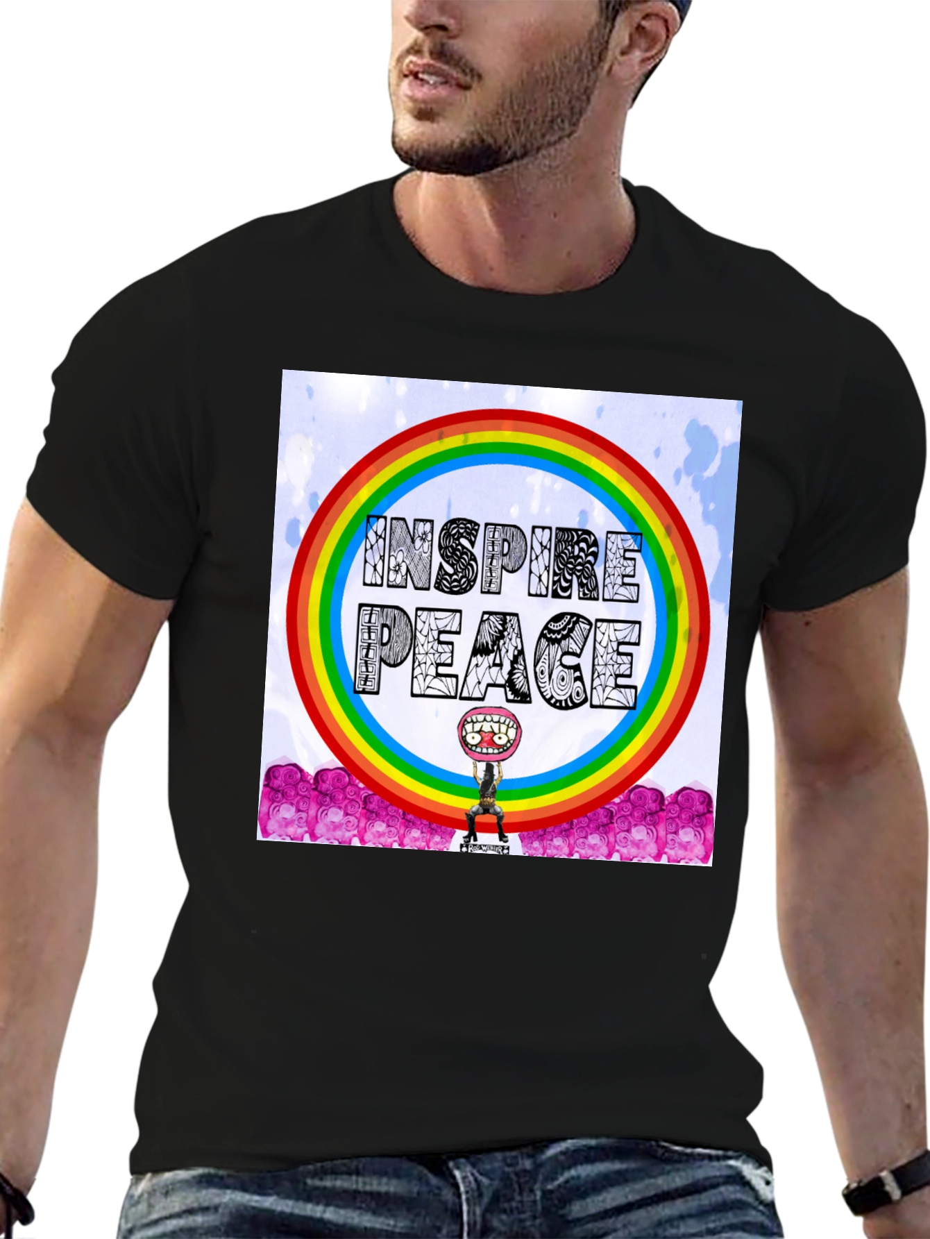 Black Inspire Peace Graphic Tee - Rainbow Design view 6