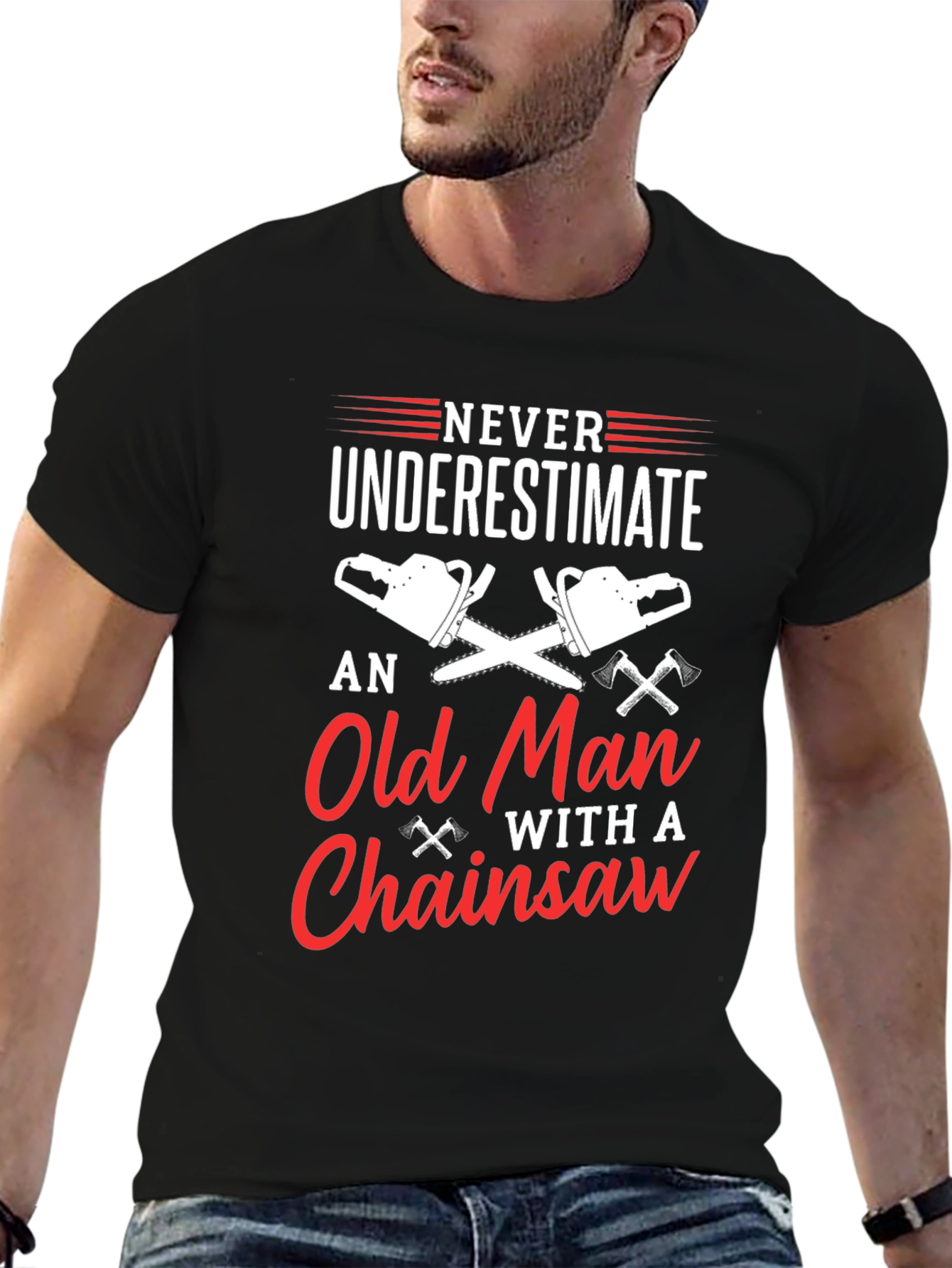 Black Never Underestimate Old Man Chainsaw T-Shirt view 6