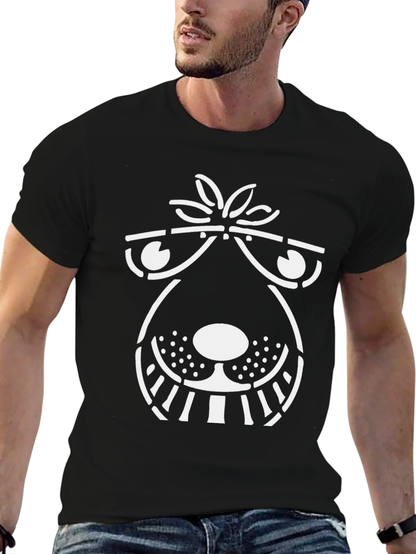 Black Funny Graphic Tee - Cartoon Dog Face - Black Cotton Shirt view 6